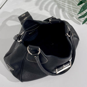 Prada Black Leather Moon Buckle Shoulder Bag
