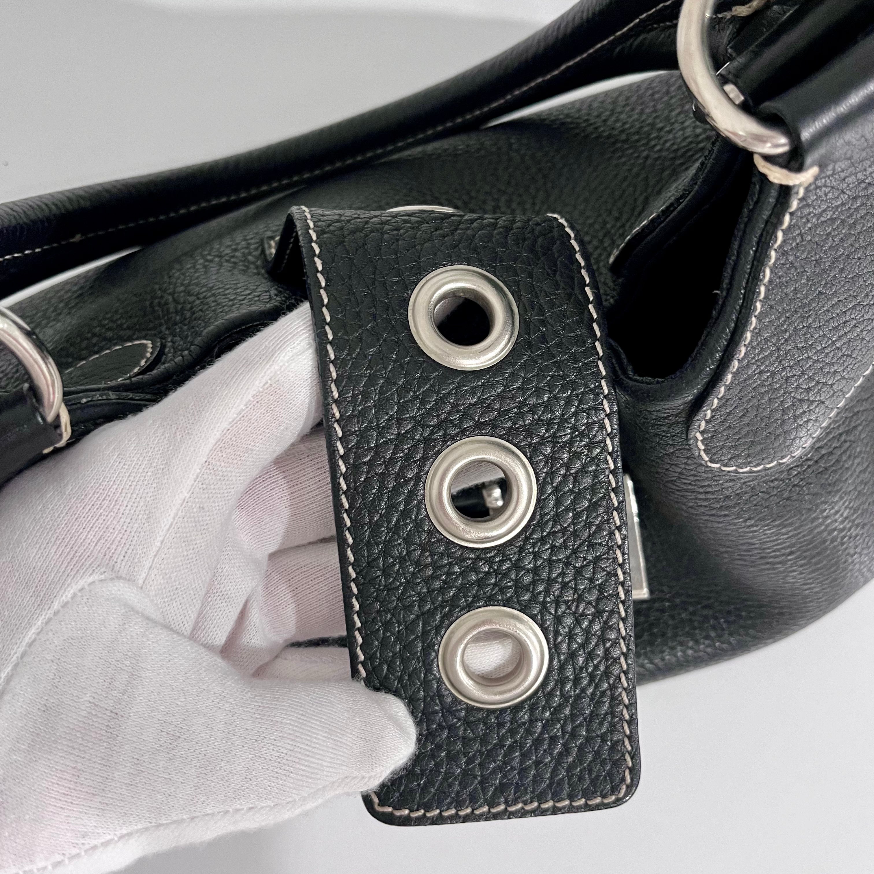 Prada Black Leather Moon Buckle Shoulder Bag