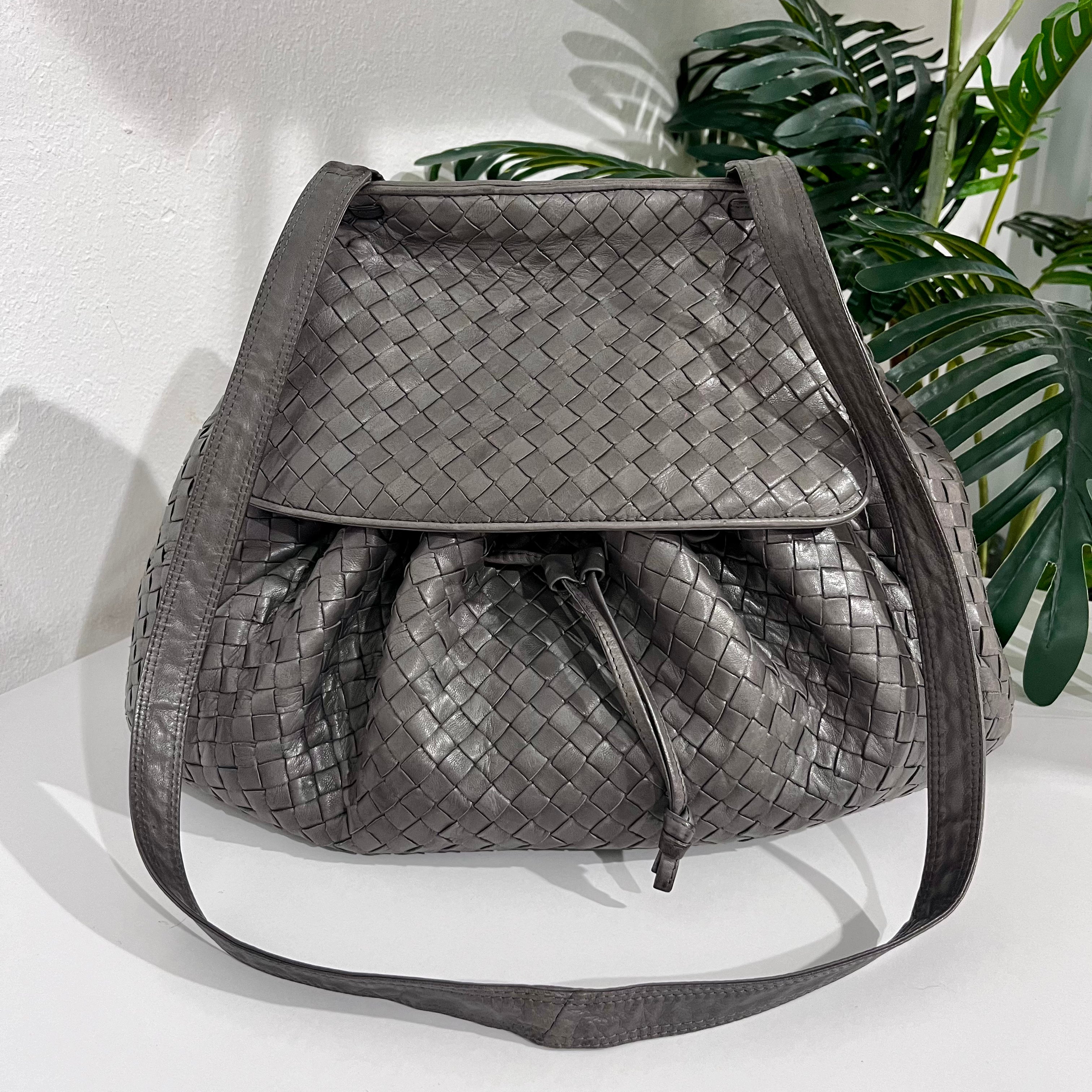 Vintage Bottega Veneta Dark Grey Leather Intrecciato Drawstring Cross Body Bag