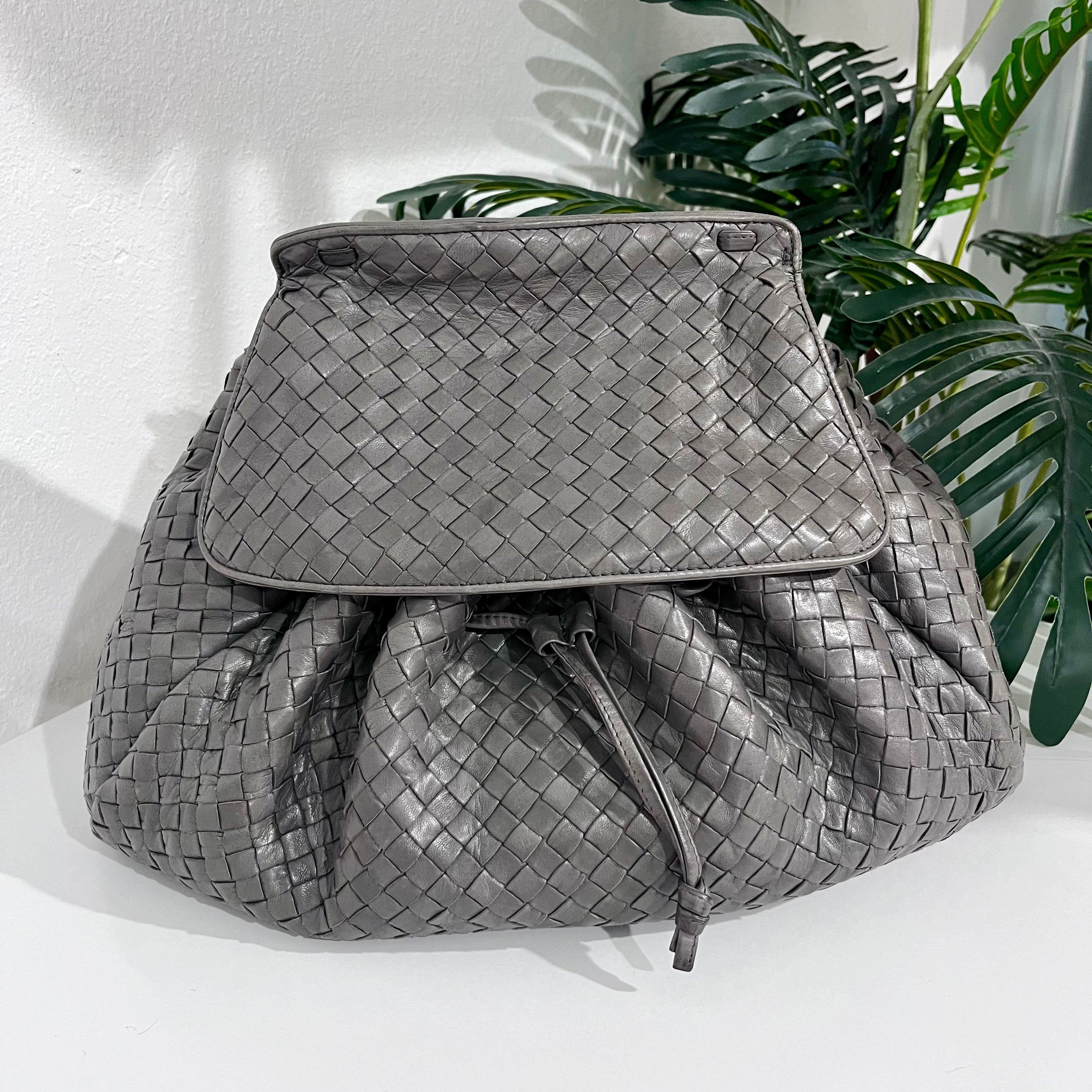 Vintage Bottega Veneta Dark Grey Leather Intrecciato Drawstring Cross Body Bag