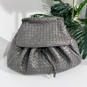 Vintage Bottega Veneta Dark Grey Leather Intrecciato Drawstring Cross Body Bag