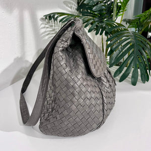 Vintage Bottega Veneta Dark Grey Leather Intrecciato Drawstring Cross Body Bag