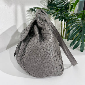 Vintage Bottega Veneta Dark Grey Leather Intrecciato Drawstring Cross Body Bag