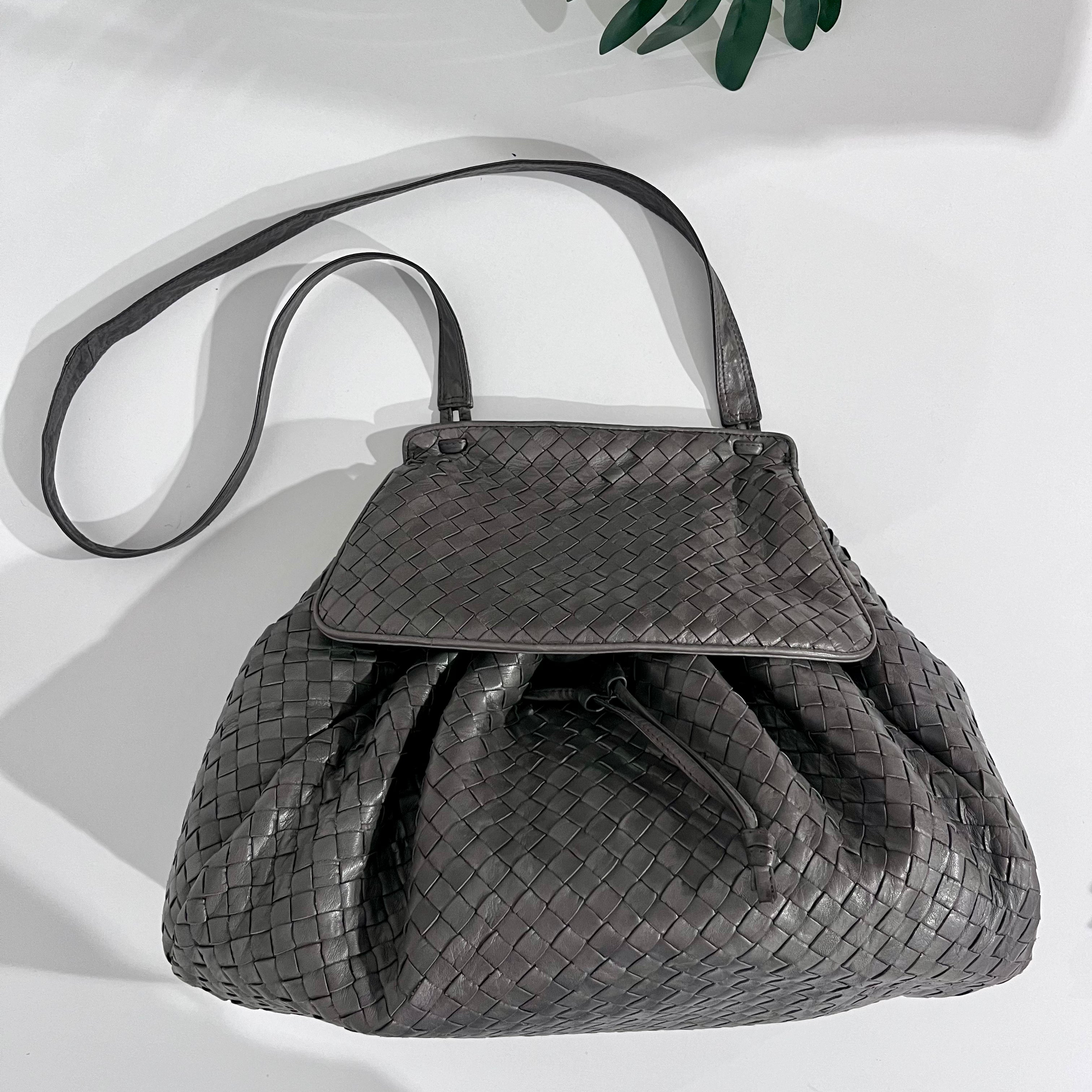Vintage Bottega Veneta Dark Grey Leather Intrecciato Drawstring Cross Body Bag