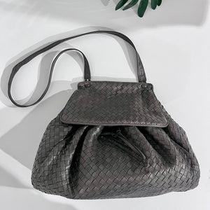 Vintage Bottega Veneta Dark Grey Leather Intrecciato Drawstring Cross Body Bag