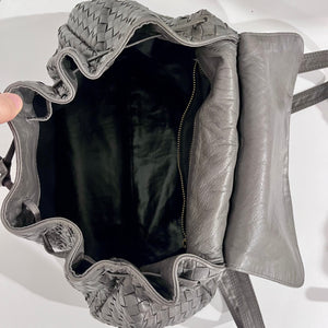 Vintage Bottega Veneta Dark Grey Leather Intrecciato Drawstring Cross Body Bag