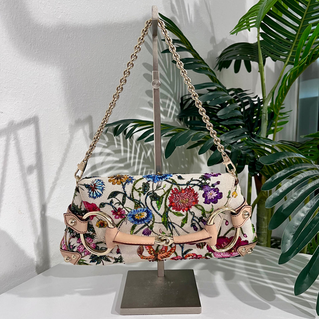 Vintage Gucci Beaded Floral Horsebit Shoulder Bag