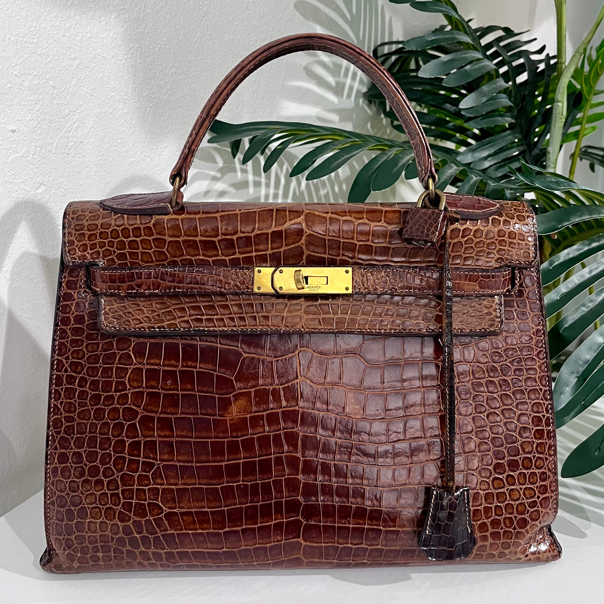 Hermes Vintage 60s Shiny Brown Crocodile Kelly Sellier 32