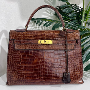 Hermes Vintage 60s Shiny Brown Crocodile Kelly Sellier 32