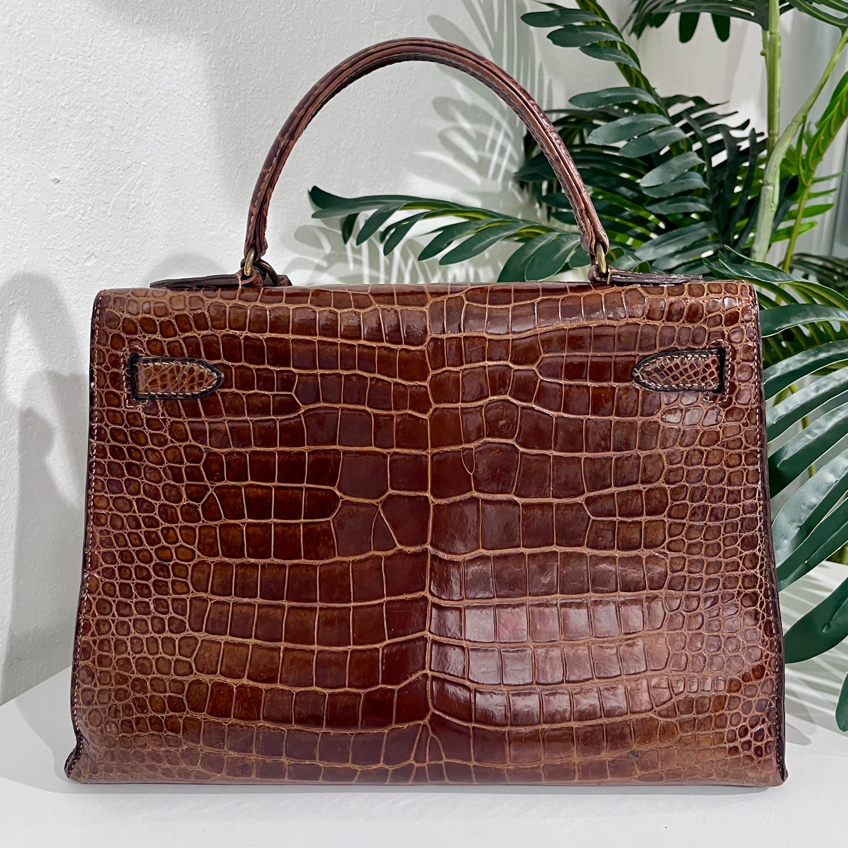 Hermes Vintage 60s Shiny Brown Crocodile Kelly Sellier 32