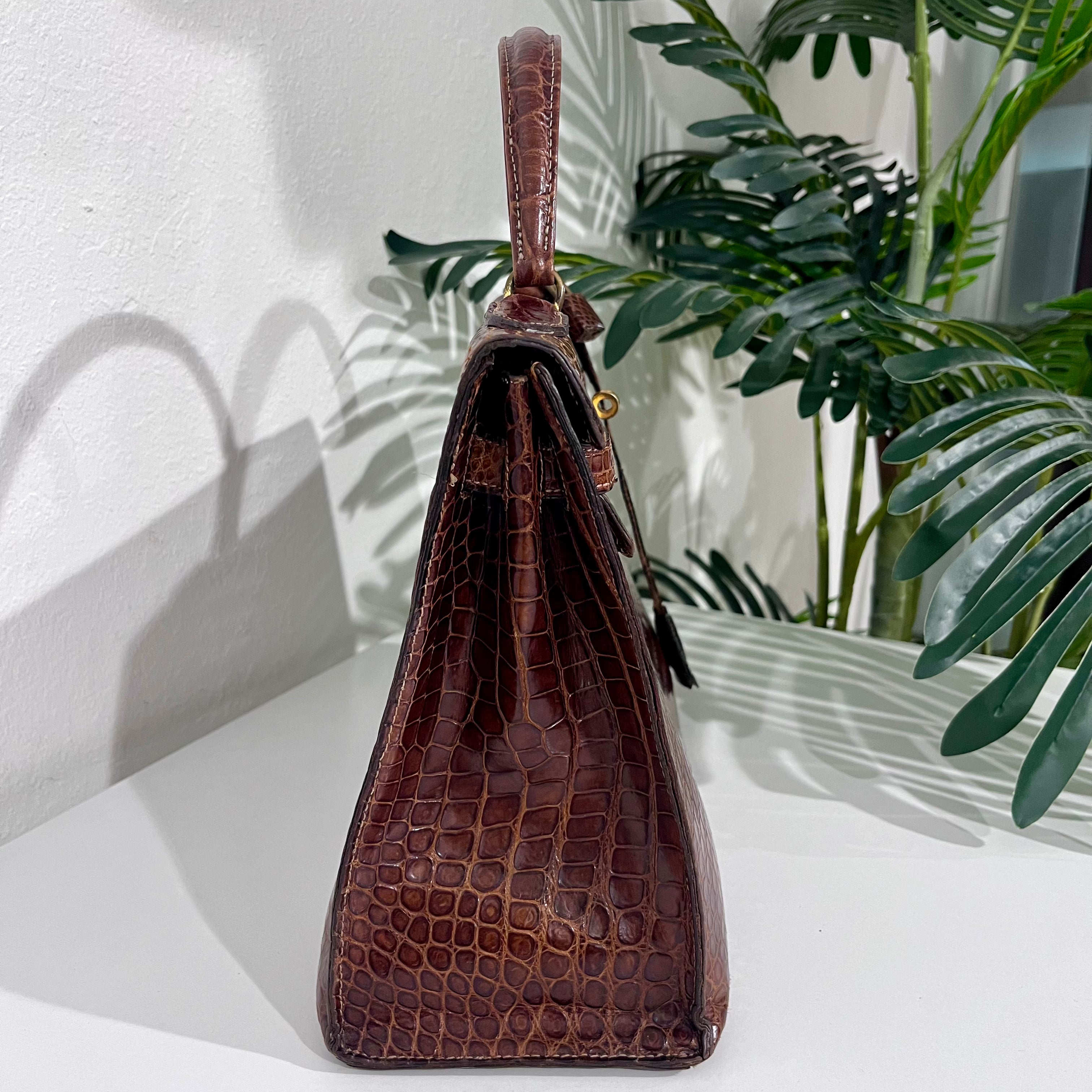 Hermes Vintage 60s Shiny Brown Crocodile Kelly Sellier 32
