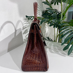 Hermes Vintage 60s Shiny Brown Crocodile Kelly Sellier 32