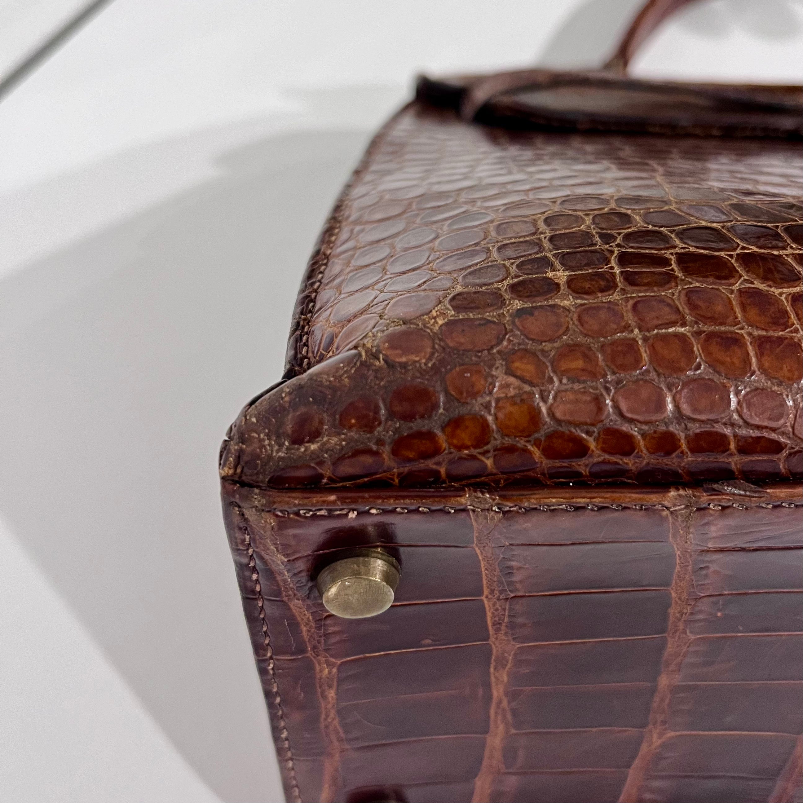 Hermes Vintage 60s Shiny Brown Crocodile Kelly Sellier 32