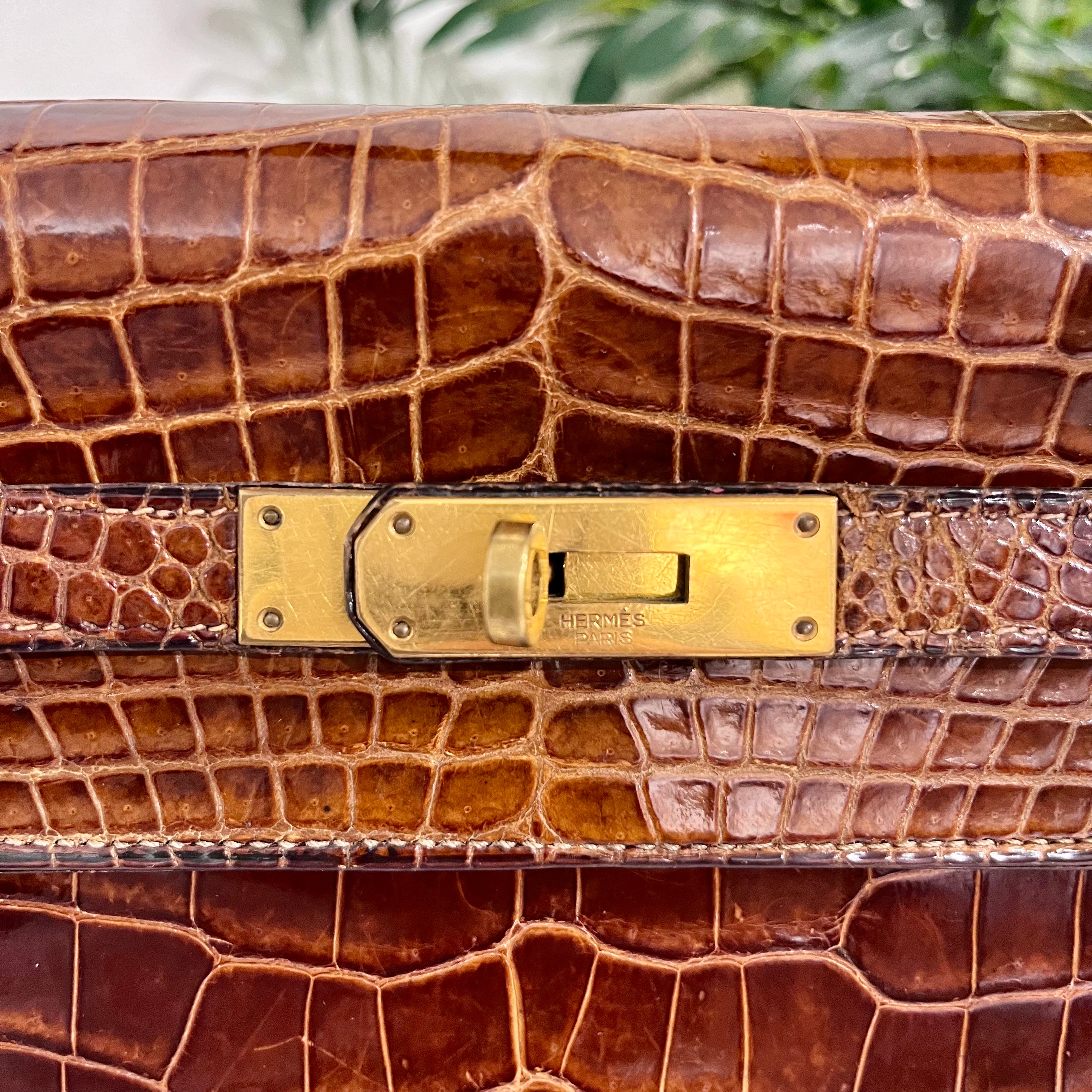 Hermes Vintage 60s Shiny Brown Crocodile Kelly Sellier 32
