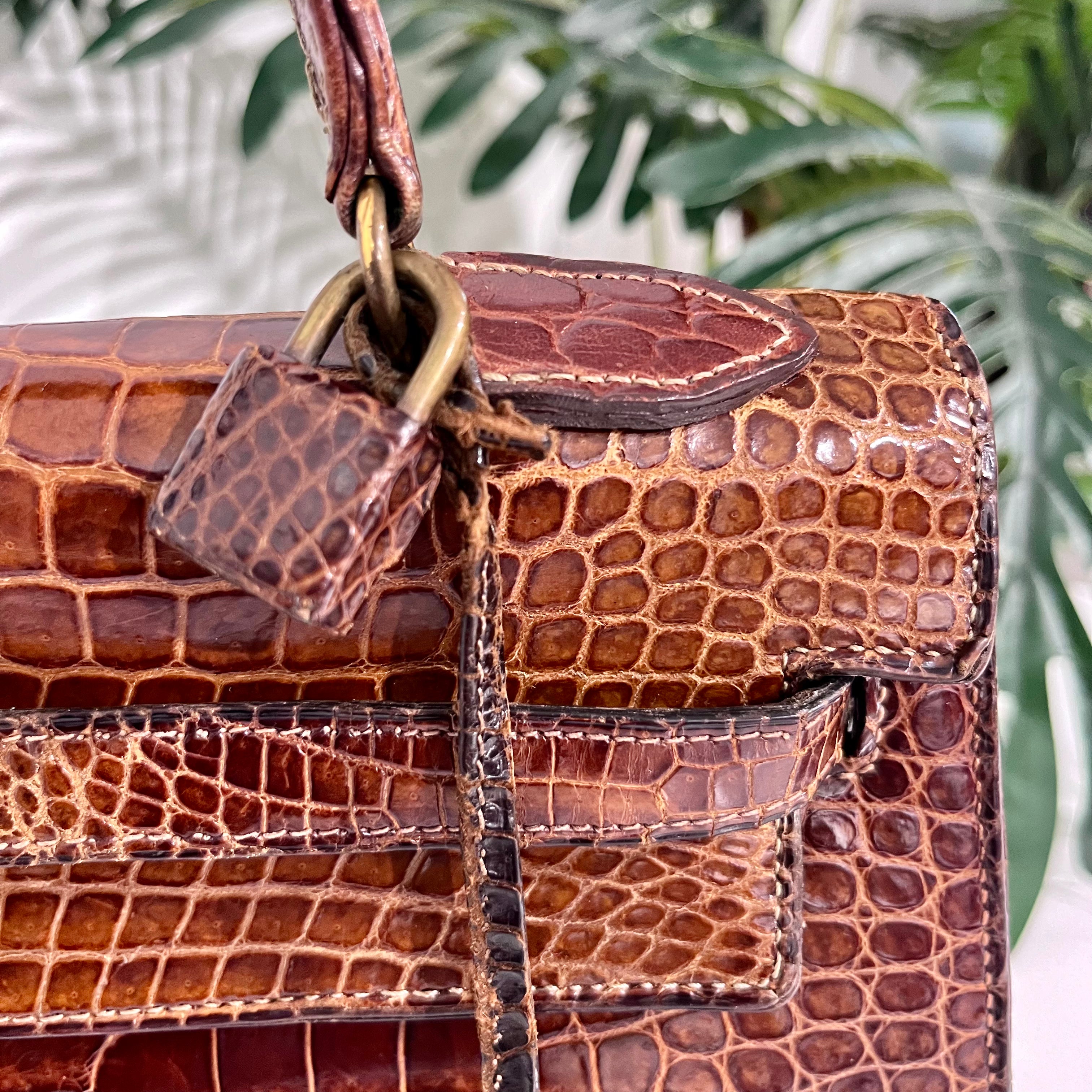 Hermes Vintage 60s Shiny Brown Crocodile Kelly Sellier 32