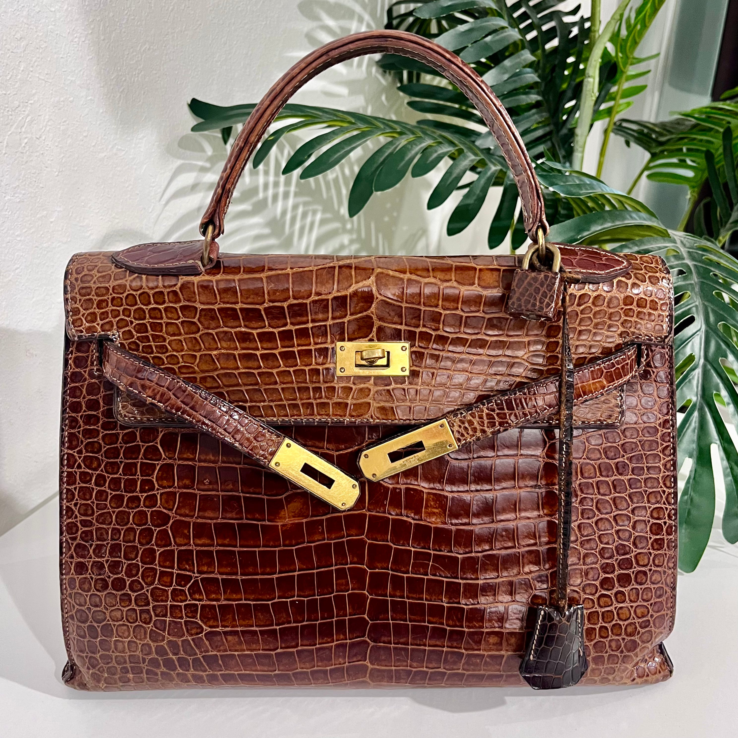 Hermes Vintage 60s Shiny Brown Crocodile Kelly Sellier 32