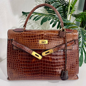 Hermes Vintage 60s Shiny Brown Crocodile Kelly Sellier 32
