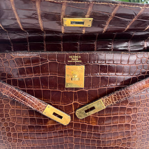 Hermes Vintage 60s Shiny Brown Crocodile Kelly Sellier 32