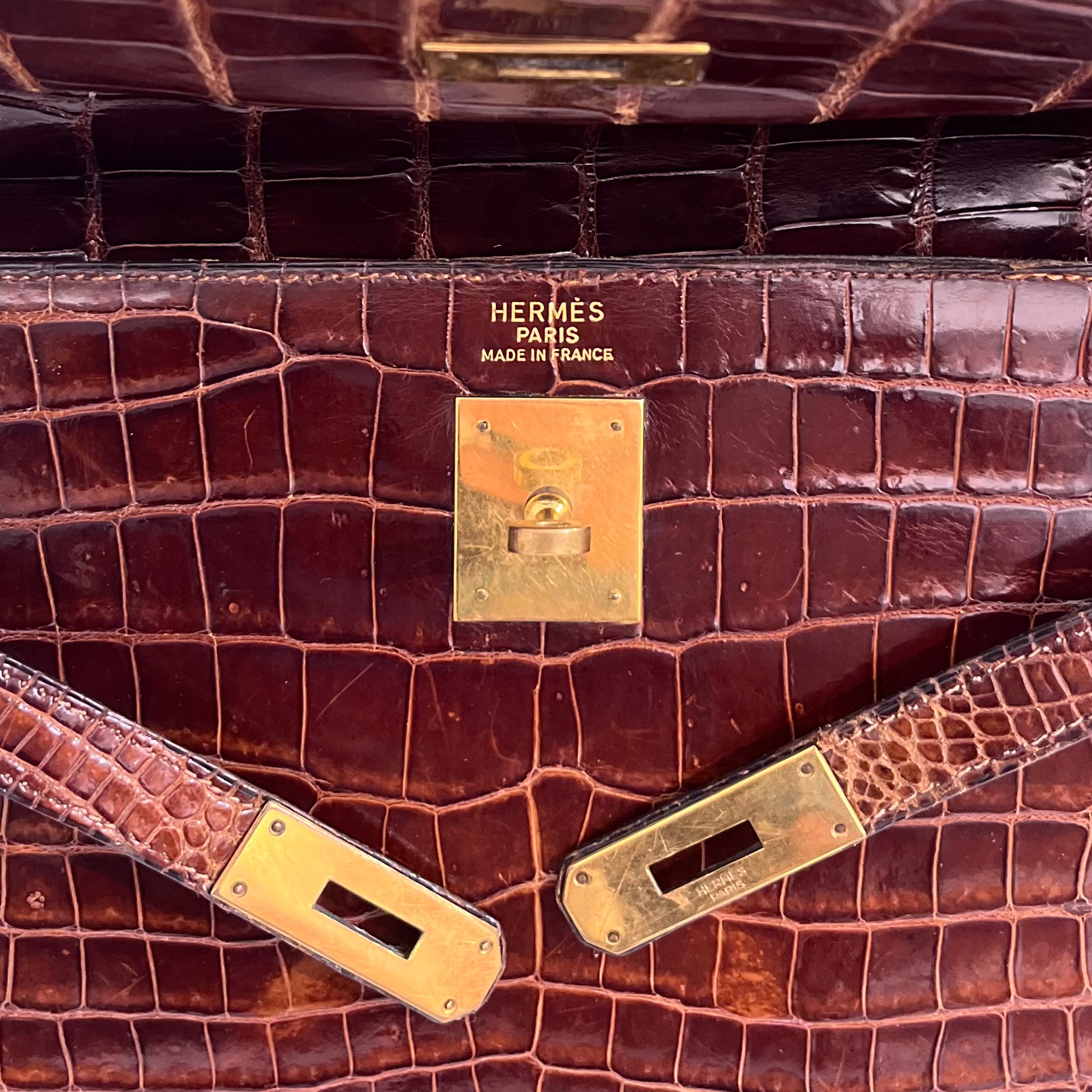 Hermes Vintage 60s Shiny Brown Crocodile Kelly Sellier 32
