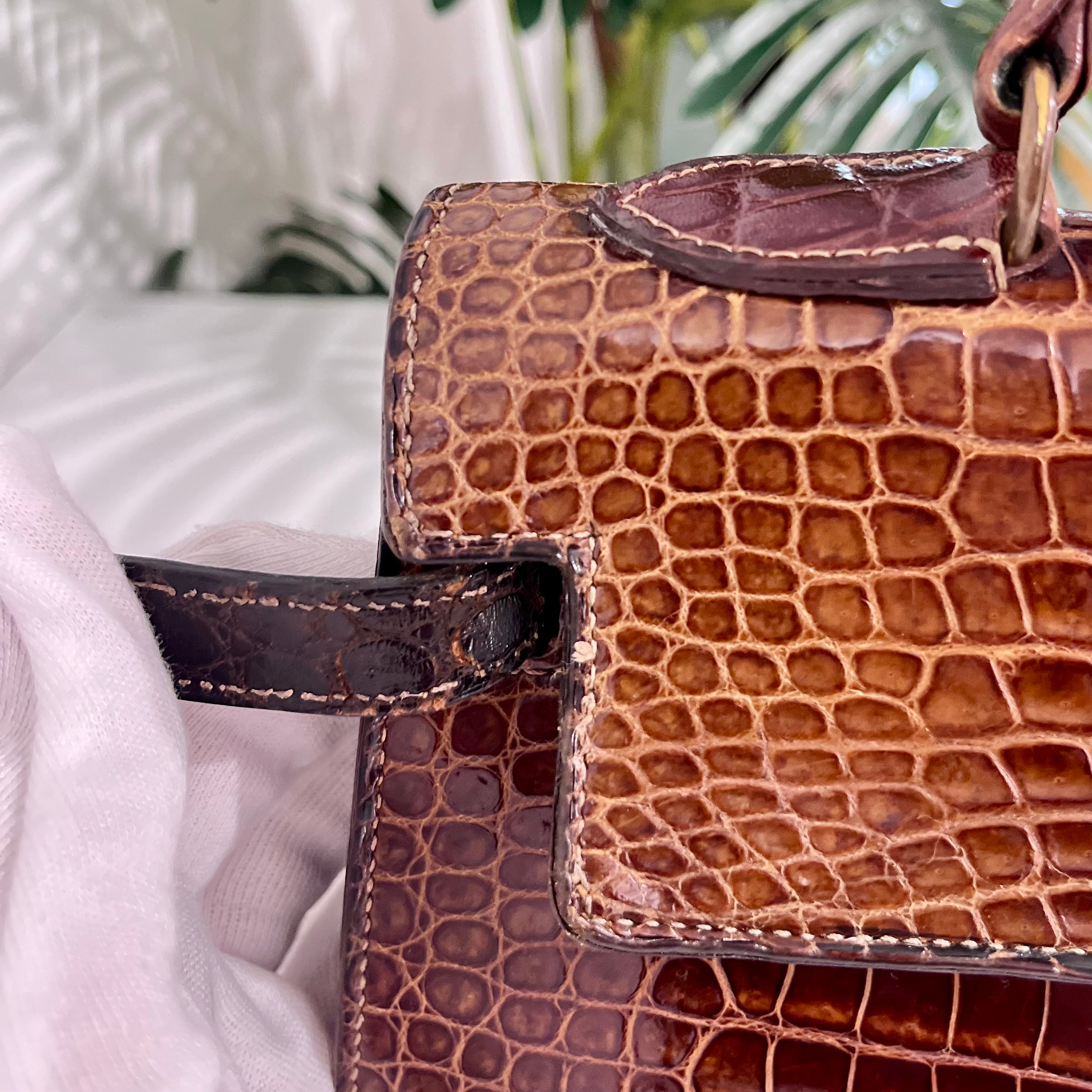 Hermes Vintage 60s Shiny Brown Crocodile Kelly Sellier 32