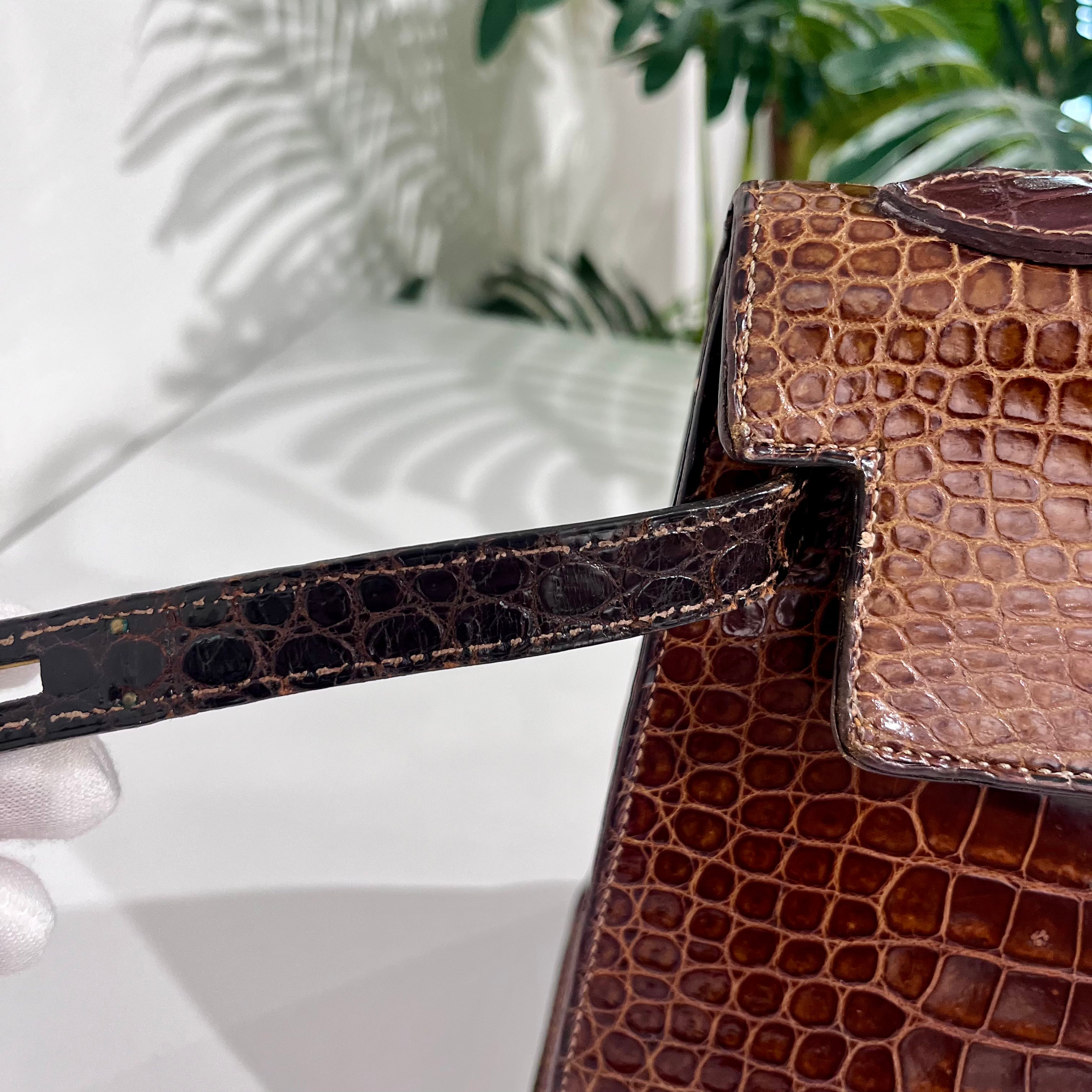 Hermes Vintage 60s Shiny Brown Crocodile Kelly Sellier 32