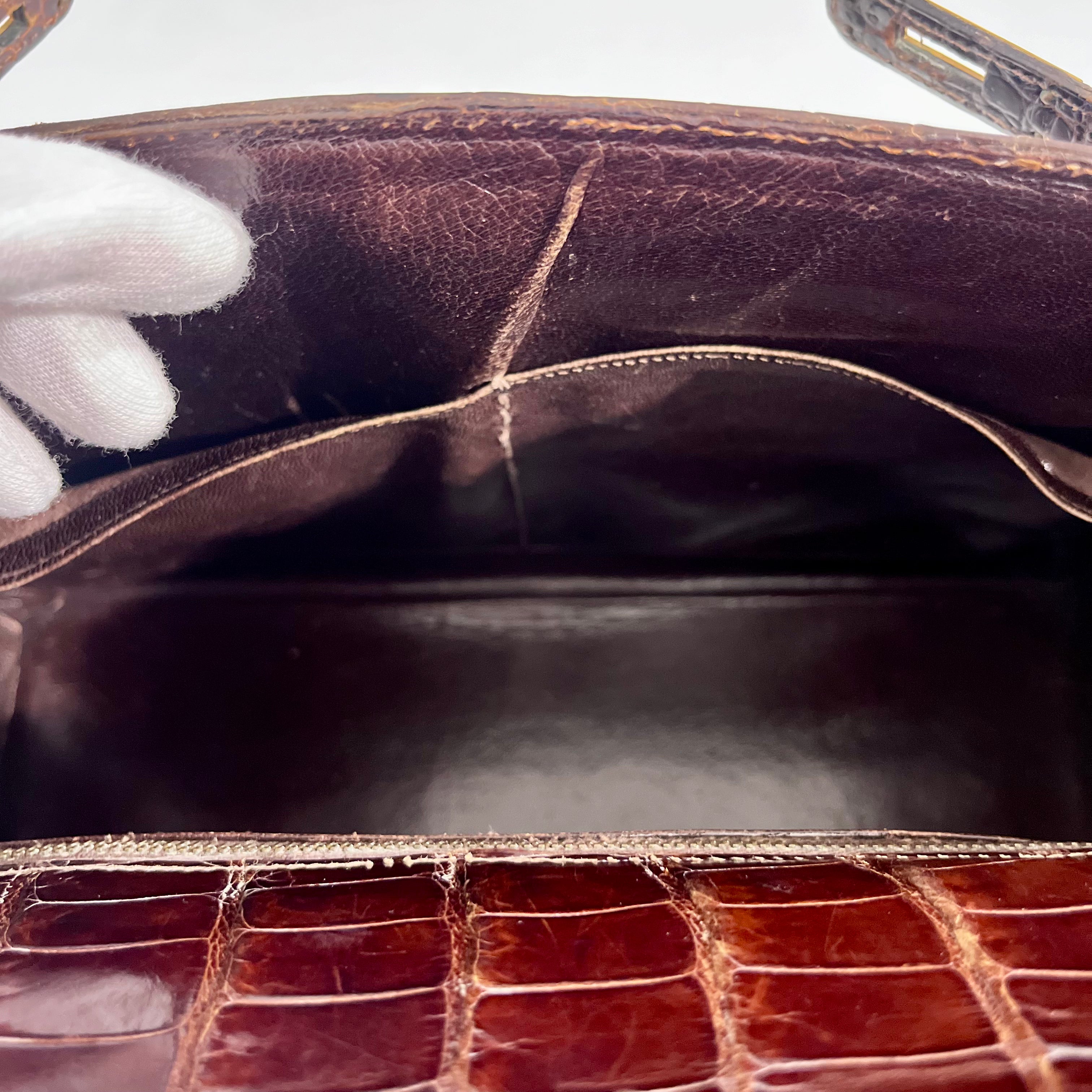 Hermes Vintage 60s Shiny Brown Crocodile Kelly Sellier 32