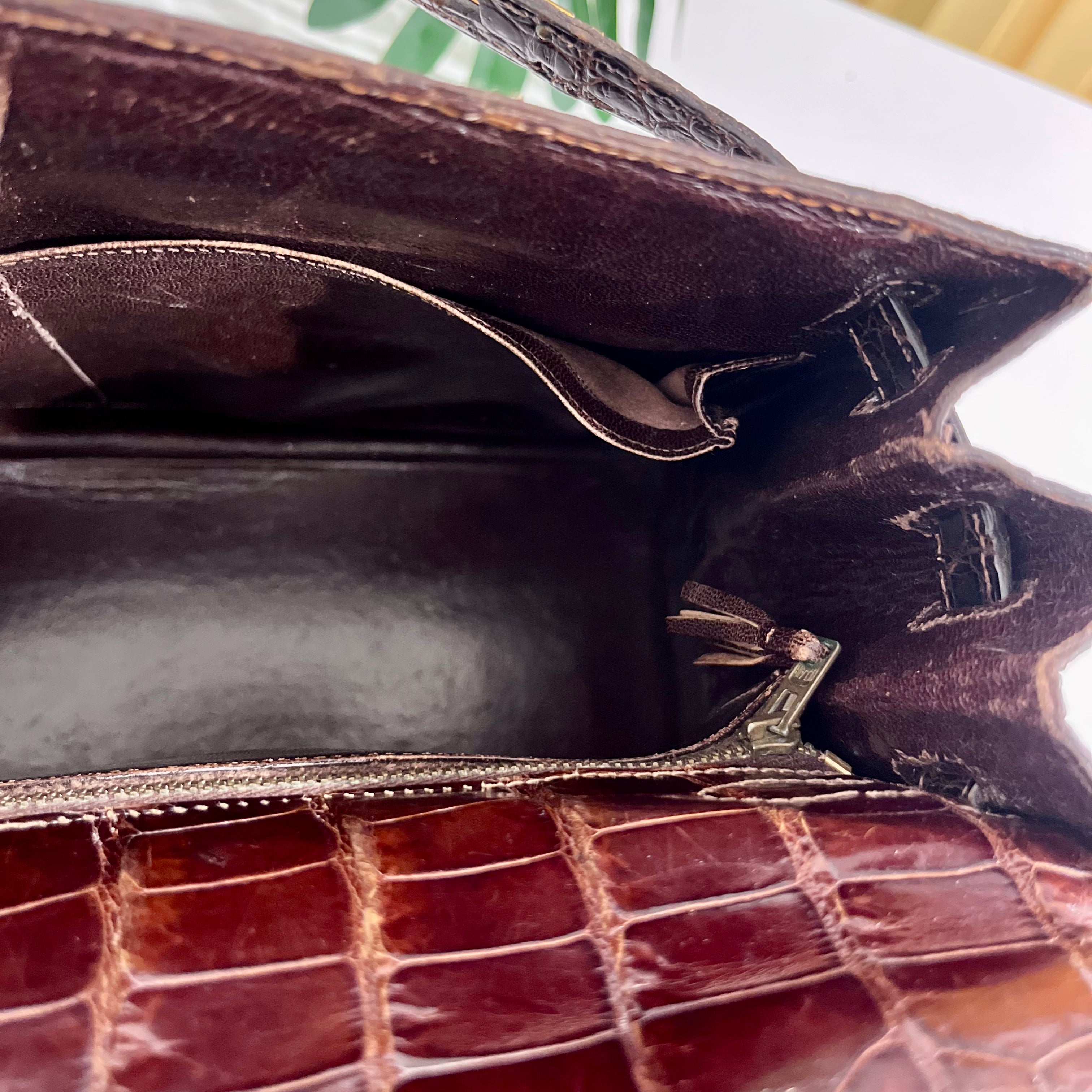 Hermes Vintage 60s Shiny Brown Crocodile Kelly Sellier 32