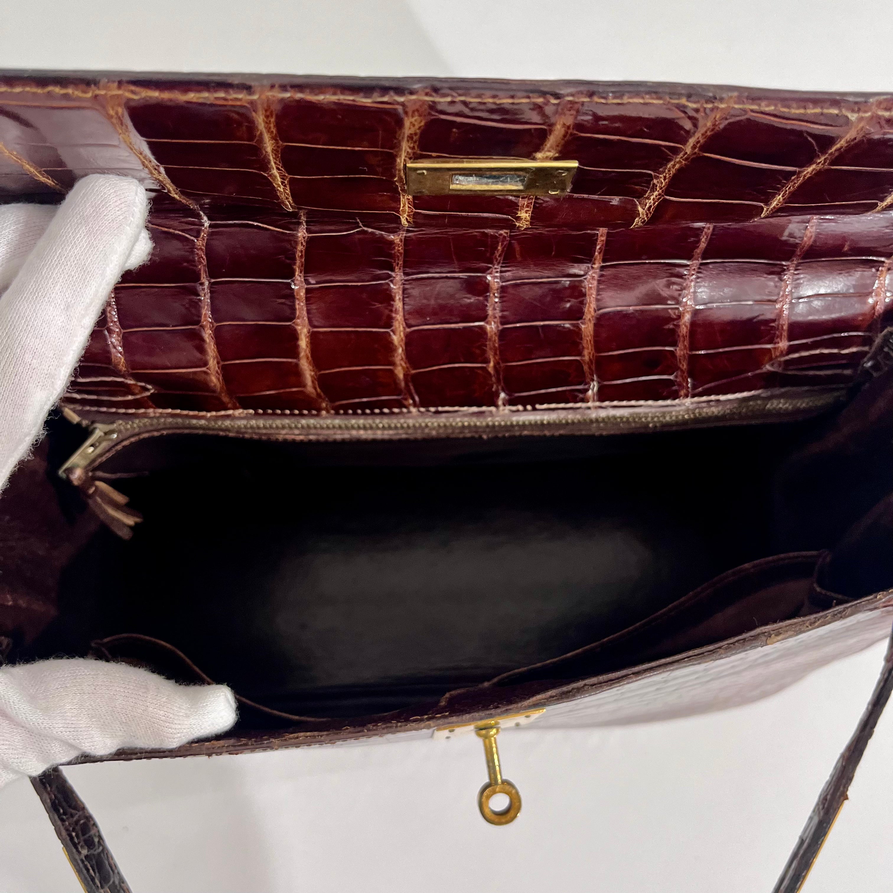 Hermes Vintage 60s Shiny Brown Crocodile Kelly Sellier 32