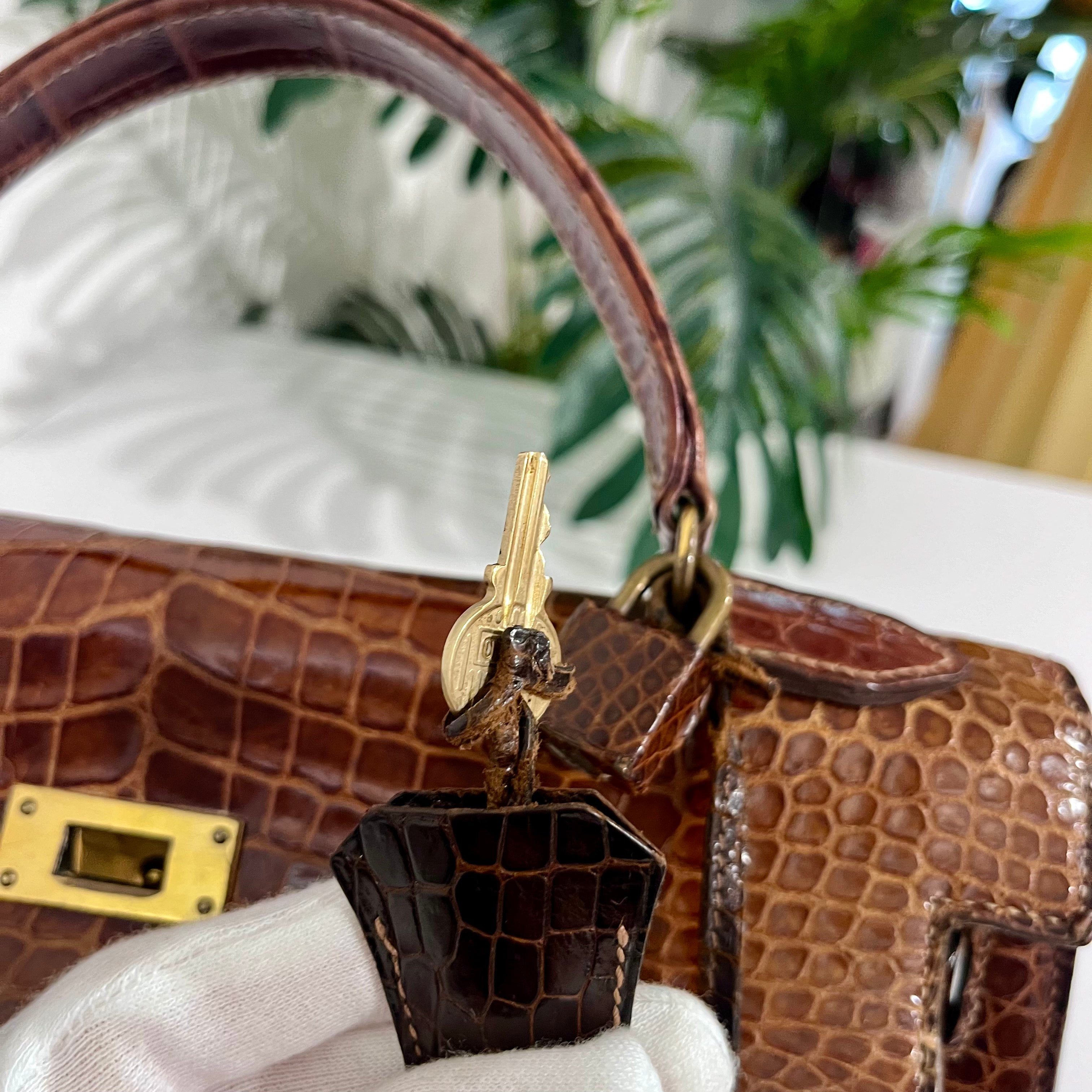 Hermes Vintage 60s Shiny Brown Crocodile Kelly Sellier 32