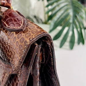 Hermes Vintage 60s Shiny Brown Crocodile Kelly Sellier 32
