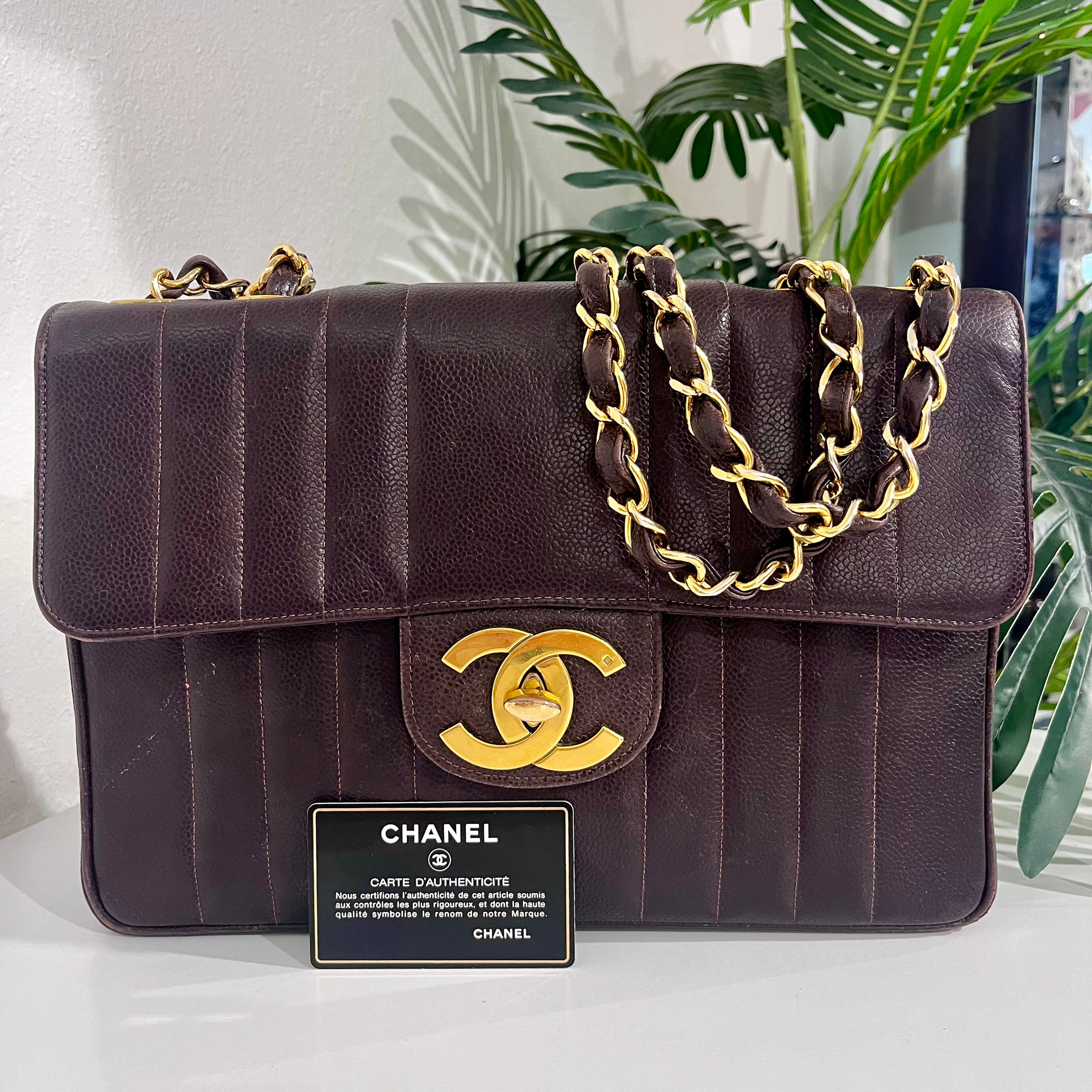 Chanel Vintage Brown Caviar Leather Vertical Stitch Jumbo Single Flap Bag