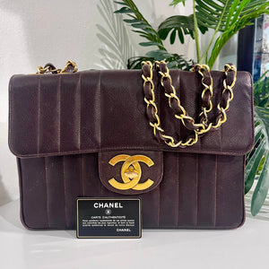 Chanel Vintage Brown Caviar Leather Vertical Stitch Jumbo Single Flap Bag
