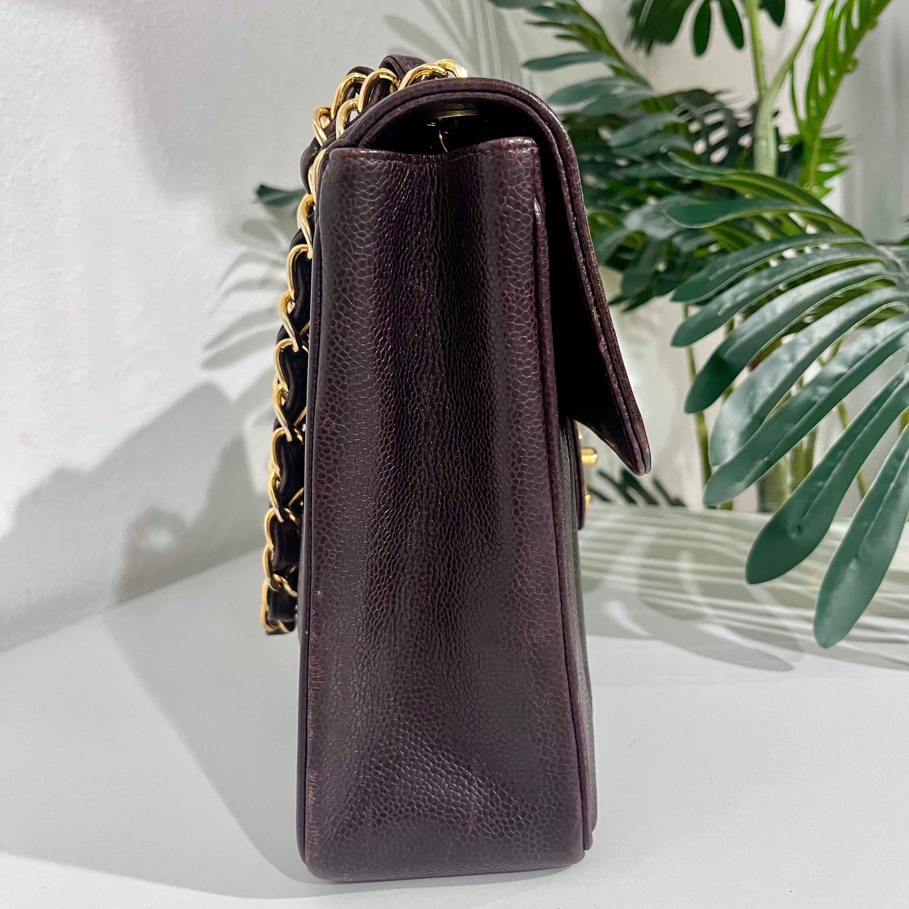 Chanel Vintage Brown Caviar Leather Vertical Stitch Jumbo Single Flap Bag