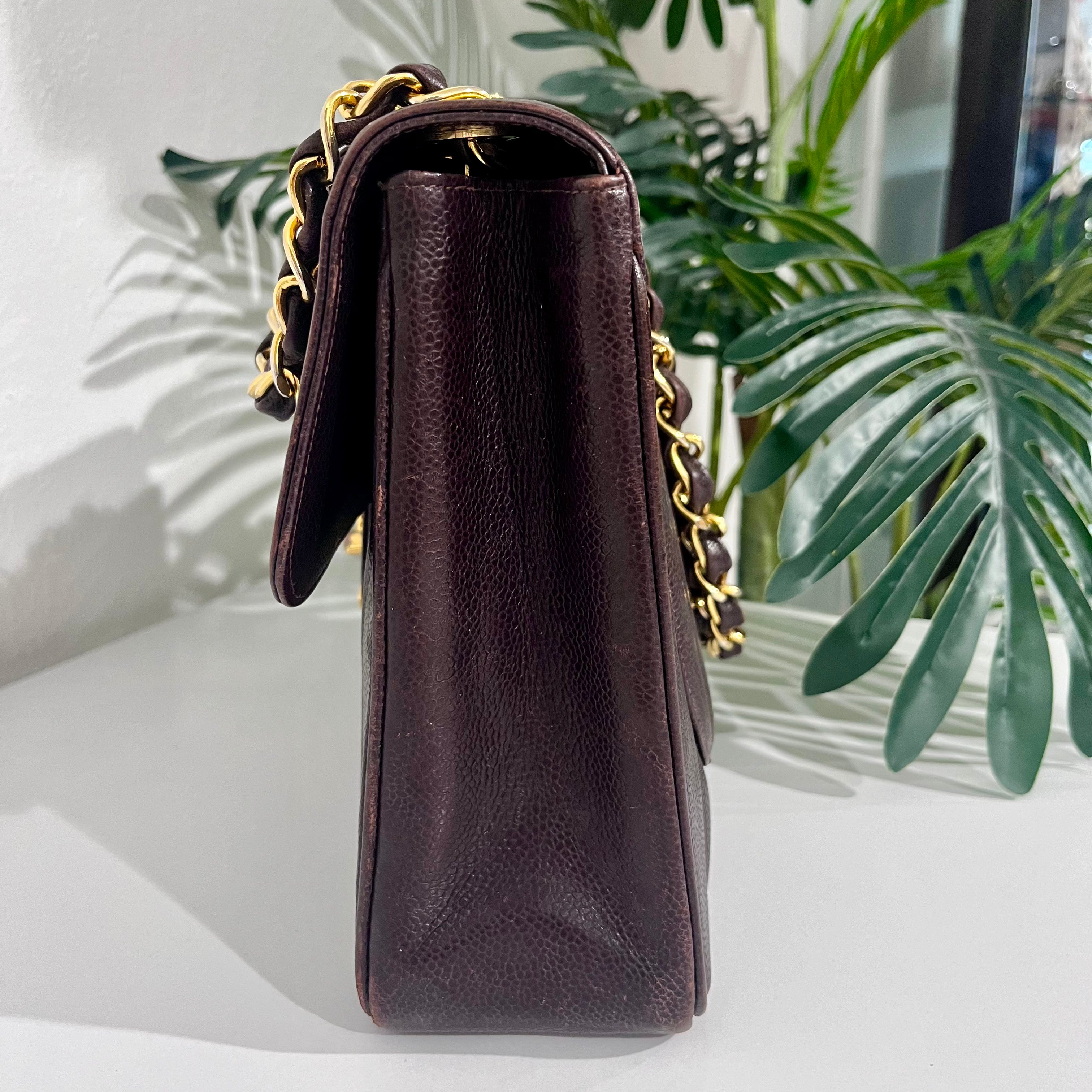 Chanel Vintage Brown Caviar Leather Vertical Stitch Jumbo Single Flap Bag