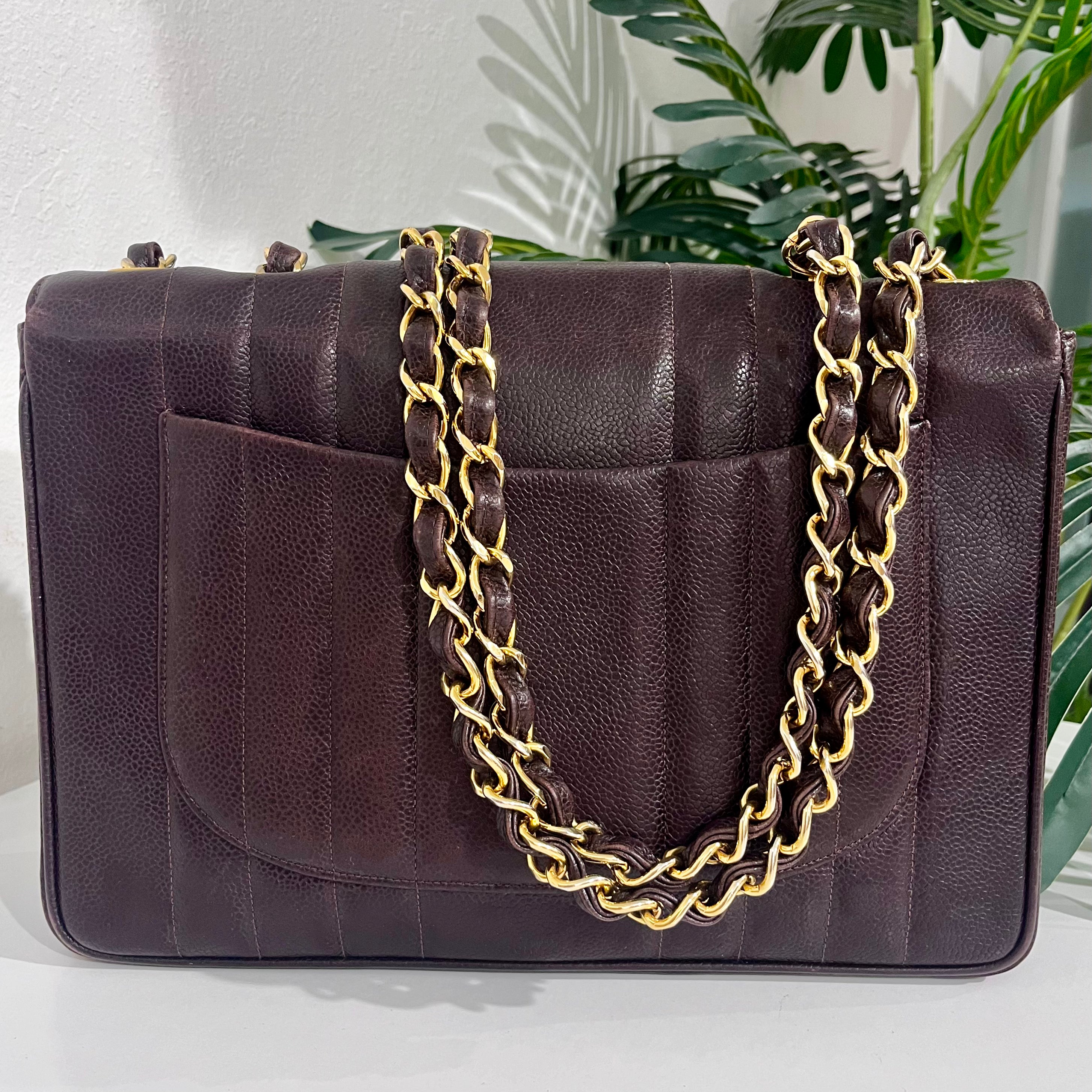 Chanel Vintage Brown Caviar Leather Vertical Stitch Jumbo Single Flap Bag