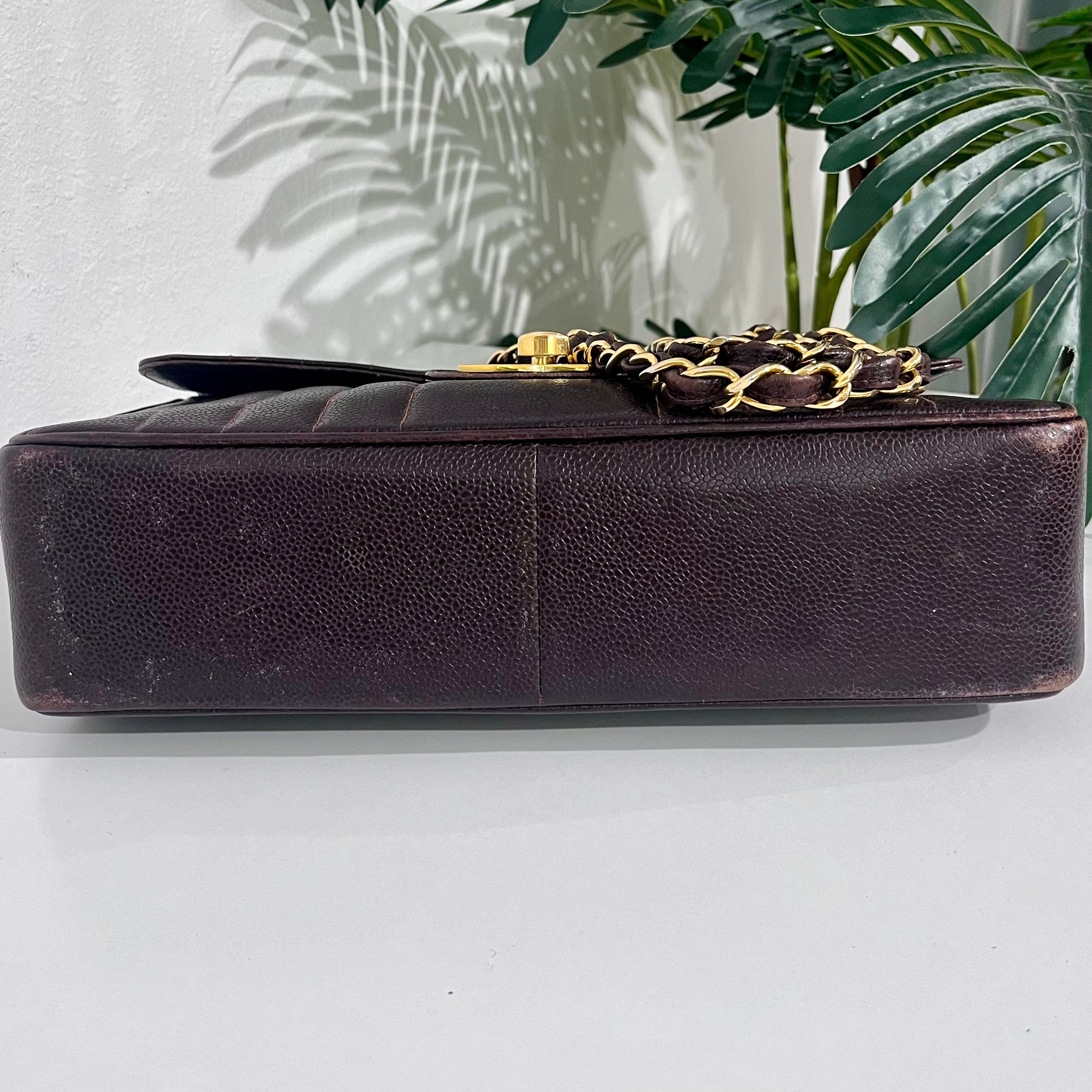 Chanel Vintage Brown Caviar Leather Vertical Stitch Jumbo Single Flap Bag