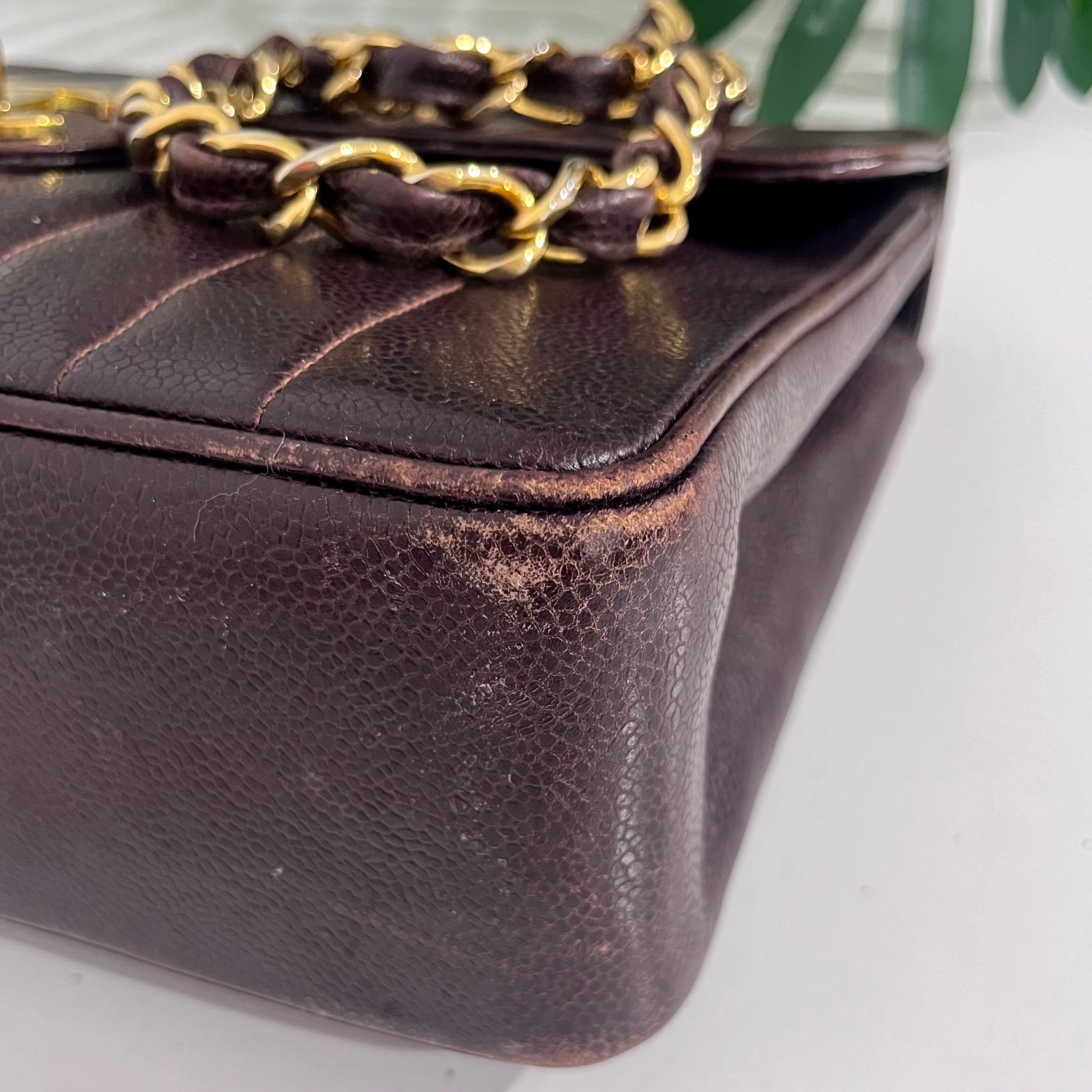 Chanel Vintage Brown Caviar Leather Vertical Stitch Jumbo Single Flap Bag