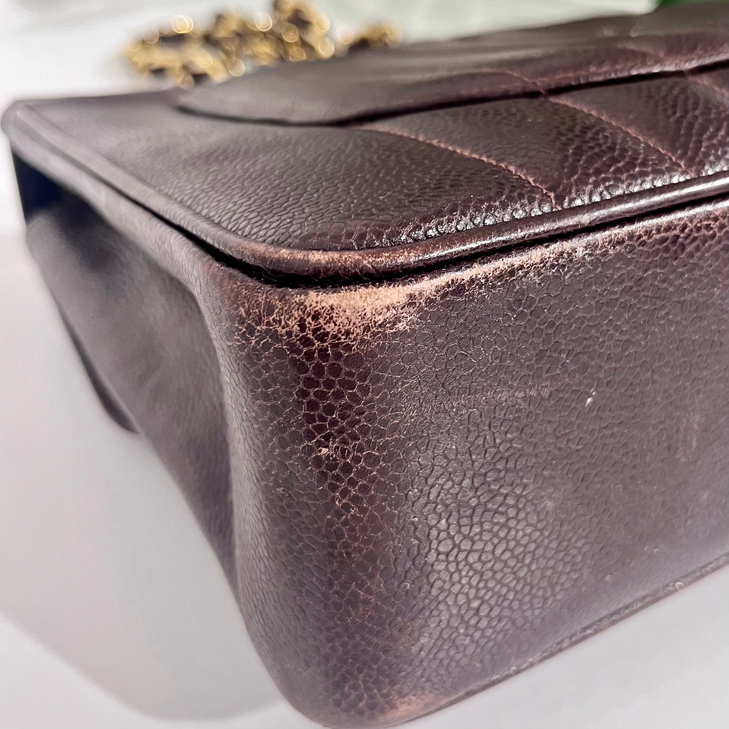 Chanel Vintage Brown Caviar Leather Vertical Stitch Jumbo Single Flap Bag