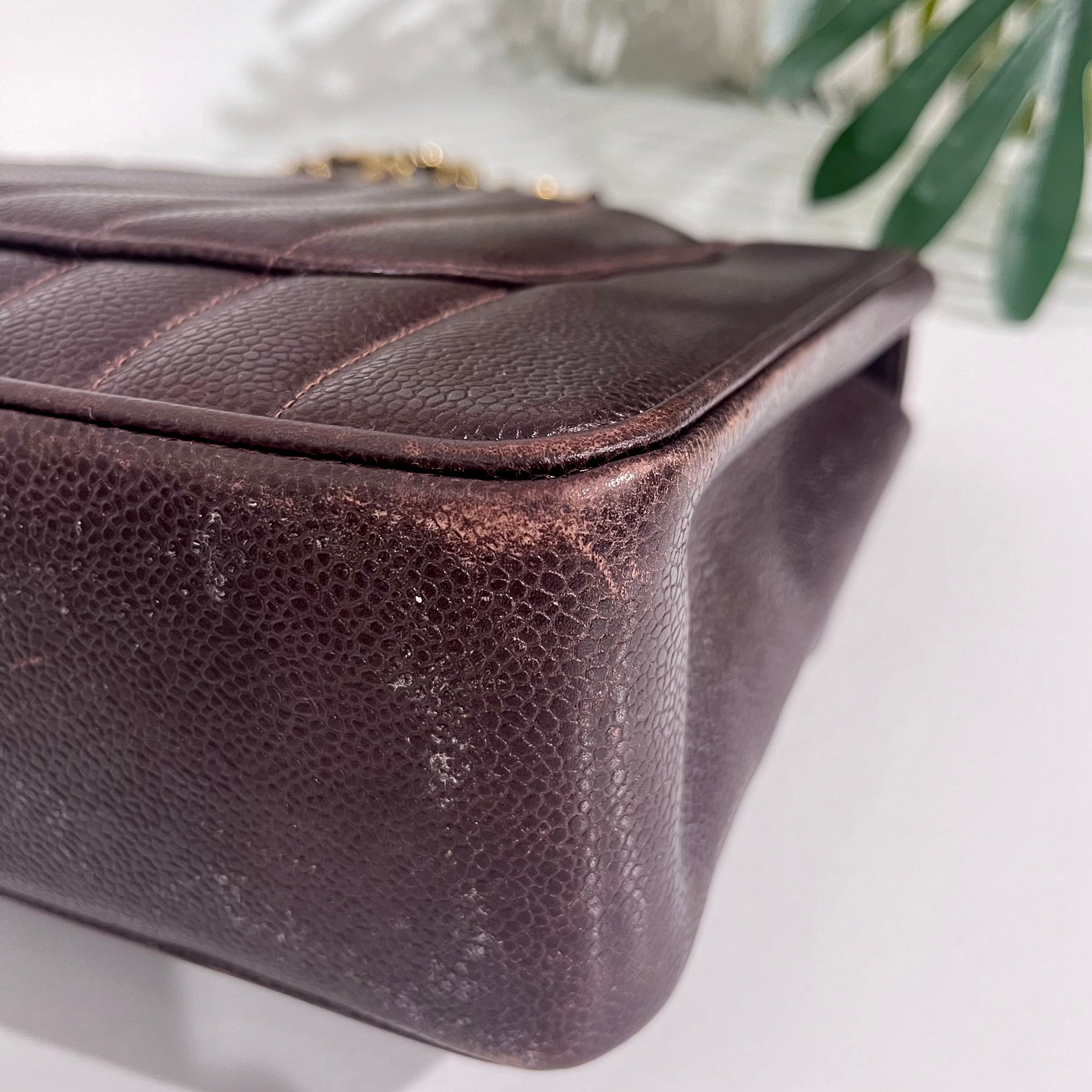 Chanel Vintage Brown Caviar Leather Vertical Stitch Jumbo Single Flap Bag