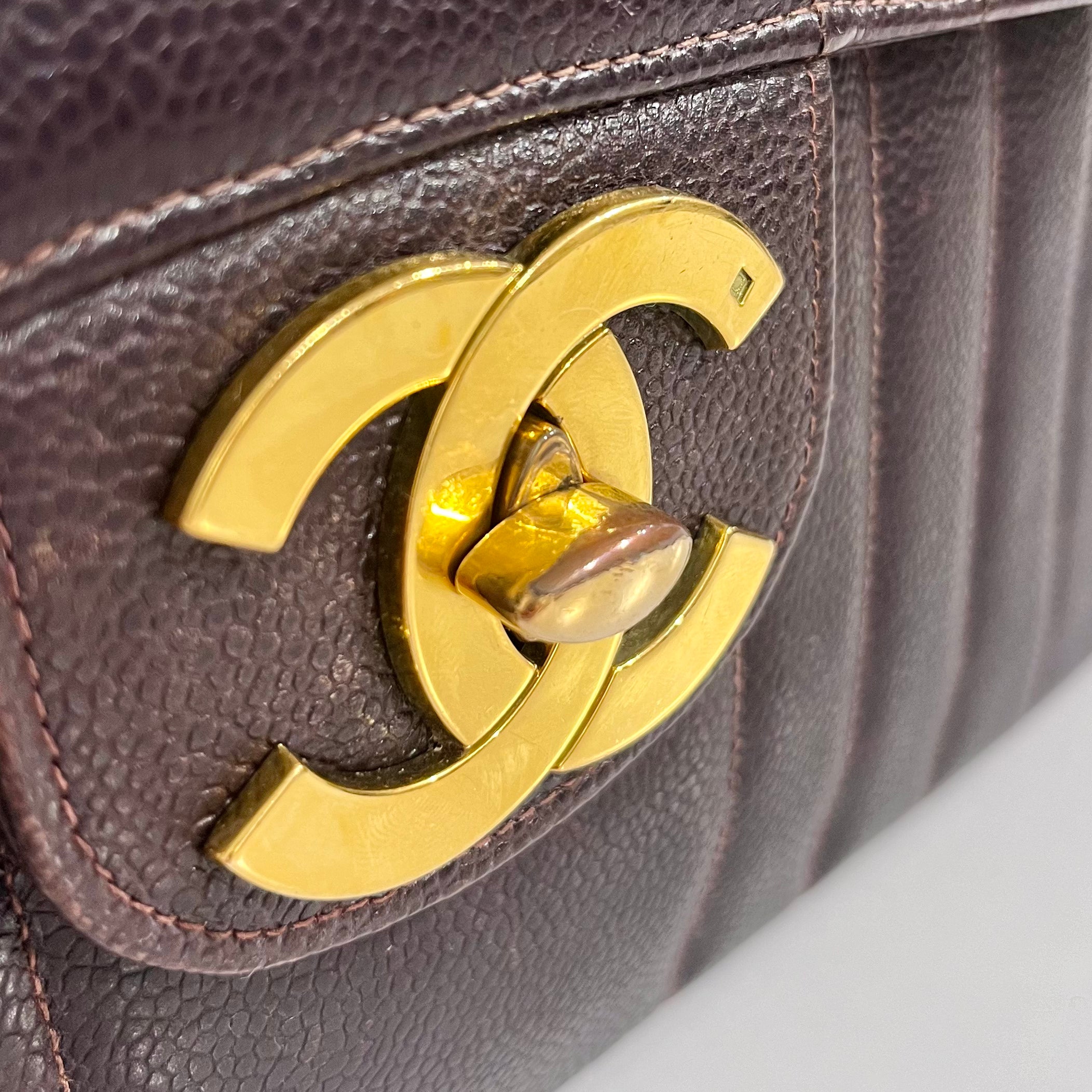 Chanel Vintage Brown Caviar Leather Vertical Stitch Jumbo Single Flap Bag