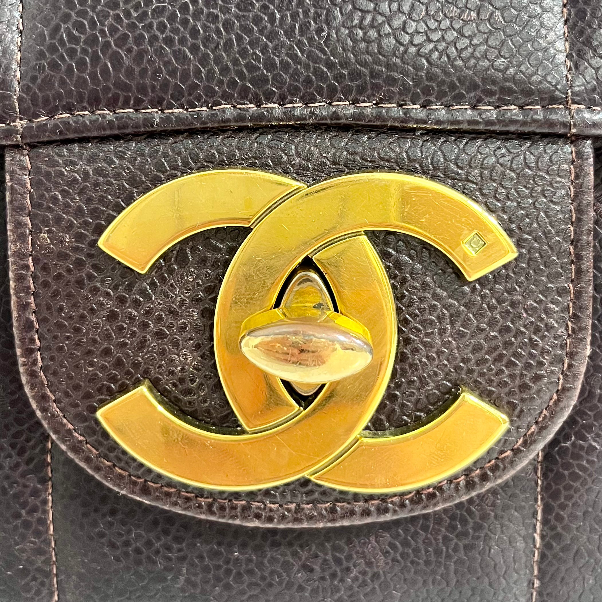 Chanel Vintage Brown Caviar Leather Vertical Stitch Jumbo Single Flap Bag