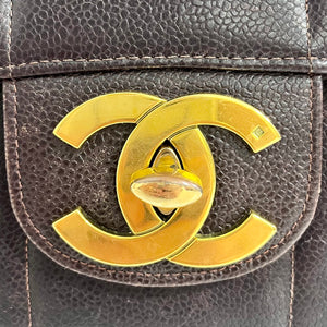 Chanel Vintage Brown Caviar Leather Vertical Stitch Jumbo Single Flap Bag