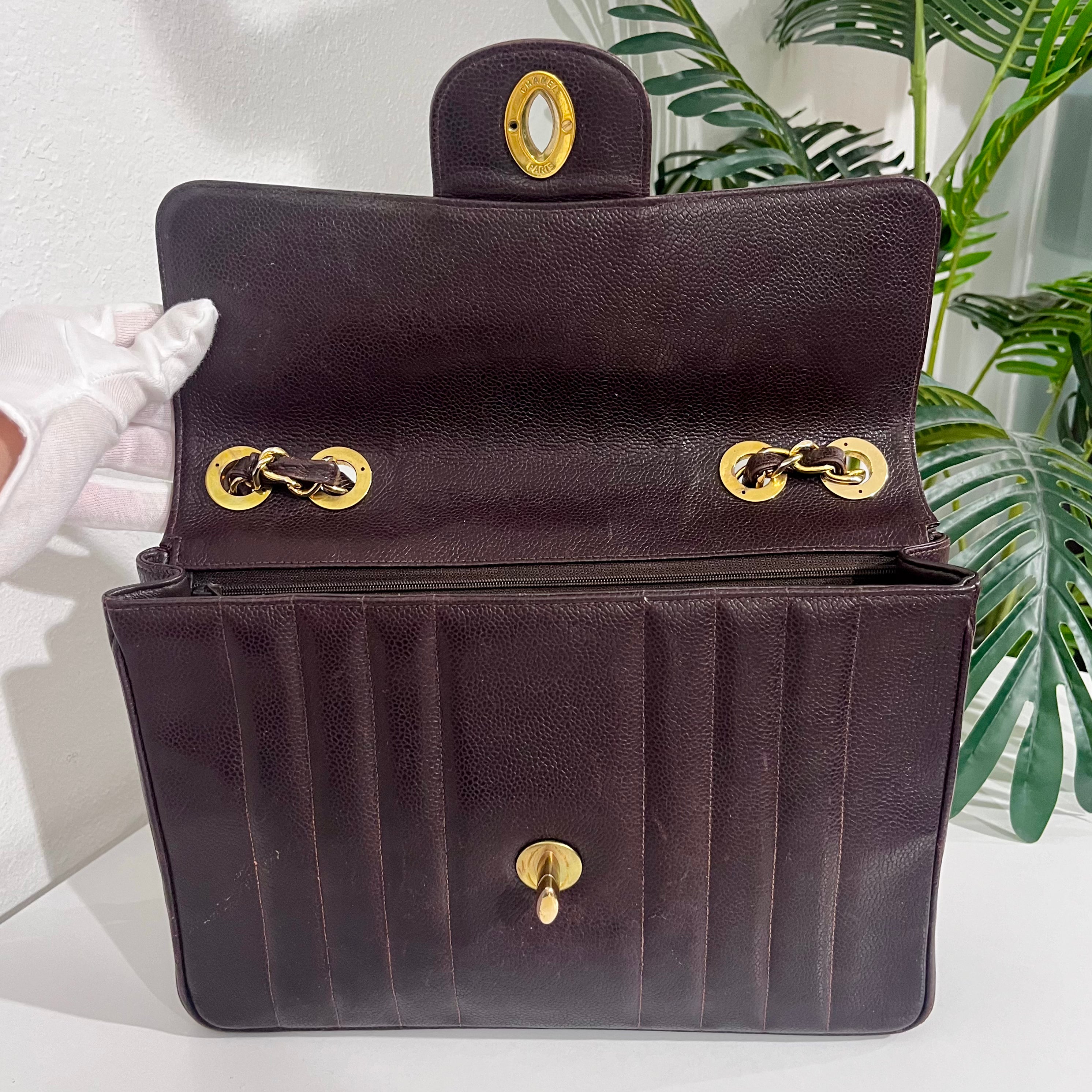 Chanel Vintage Brown Caviar Leather Vertical Stitch Jumbo Single Flap Bag