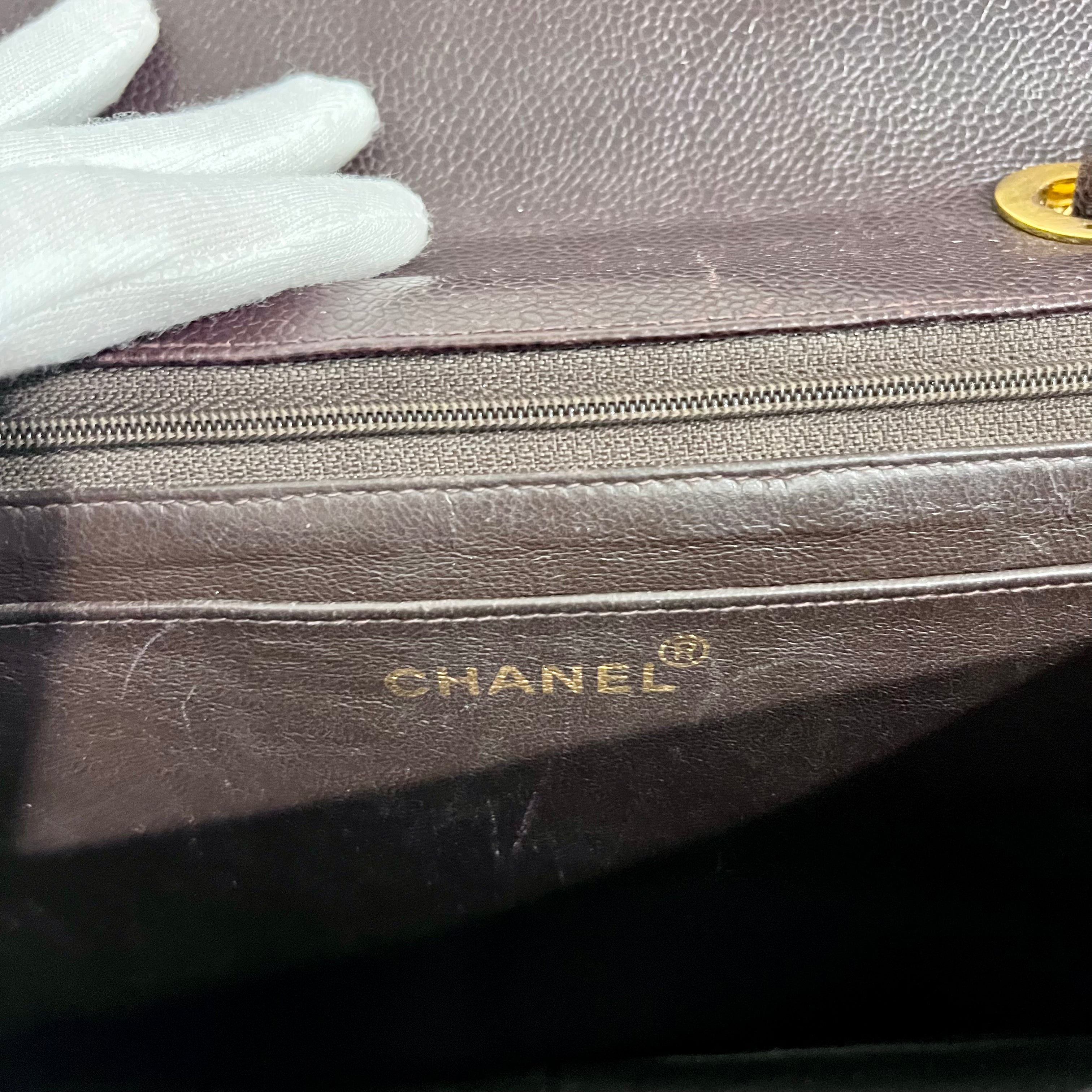 Chanel Vintage Brown Caviar Leather Vertical Stitch Jumbo Single Flap Bag