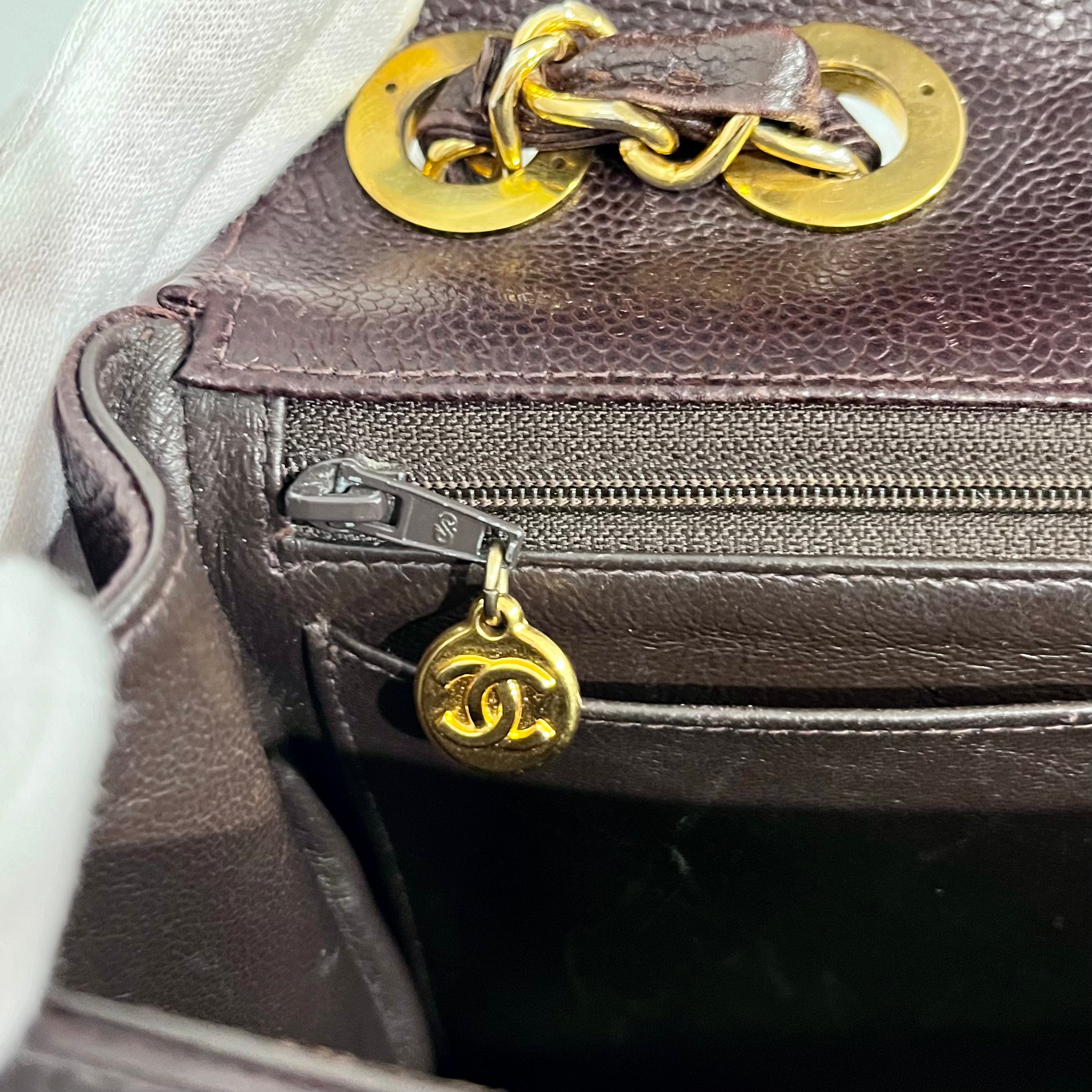 Chanel Vintage Brown Caviar Leather Vertical Stitch Jumbo Single Flap Bag