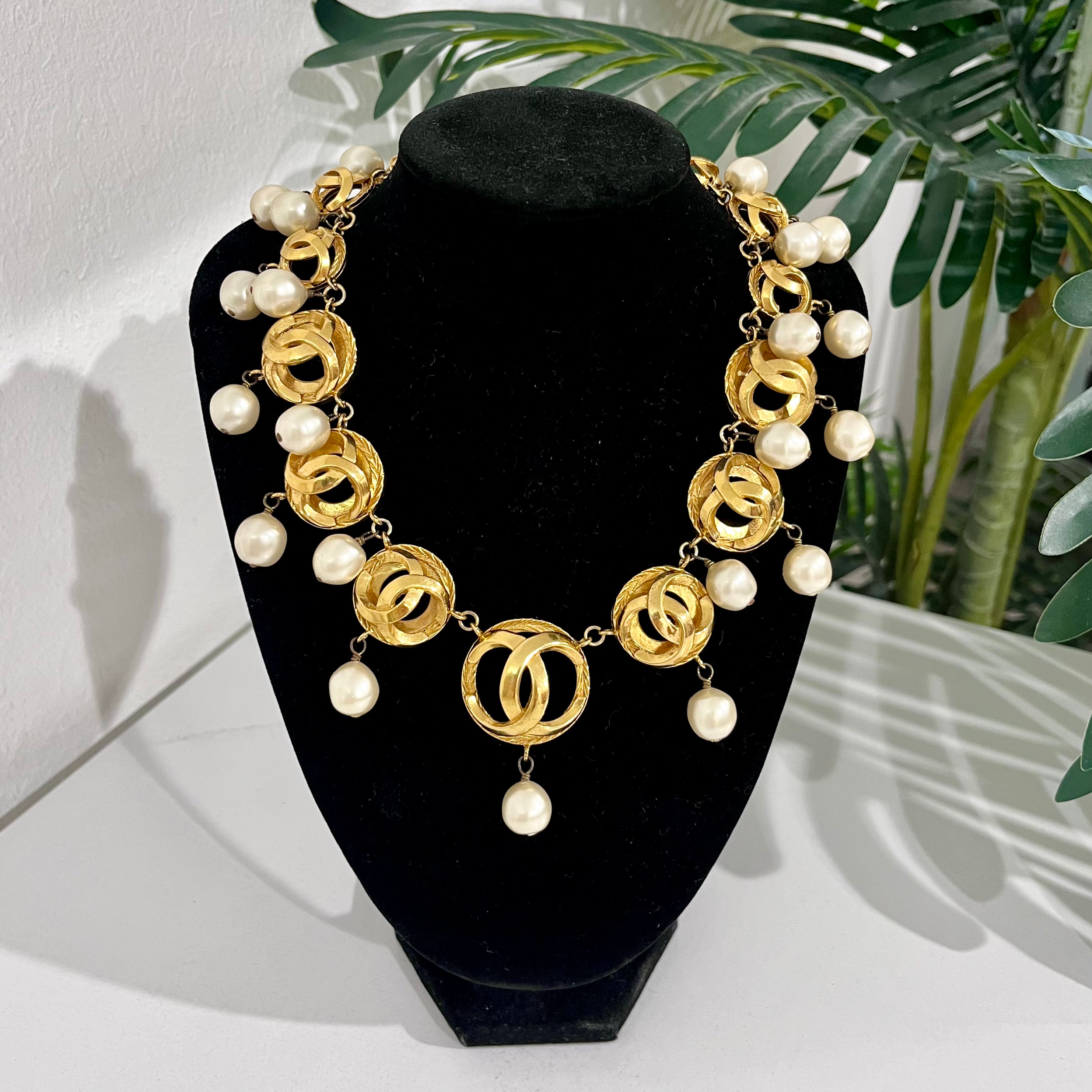 Chanel Vintage Gold Plated Dome CC Link Collar Necklace with Pearl Drops
