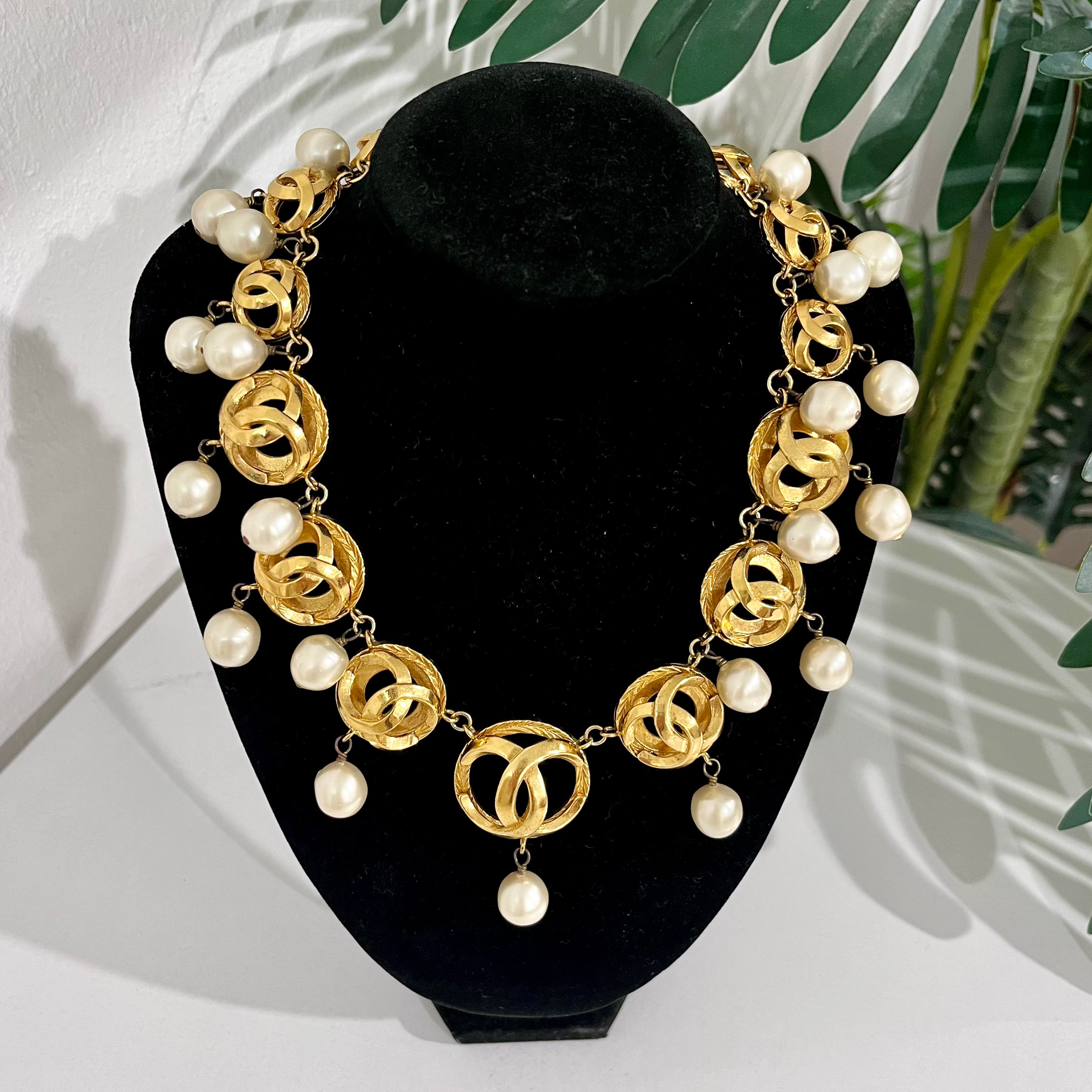 Chanel Vintage Gold Plated Dome CC Link Collar Necklace with Pearl Drops