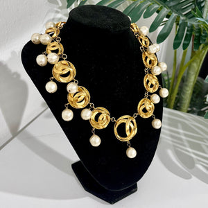 Chanel Vintage Gold Plated Dome CC Link Collar Necklace with Pearl Drops