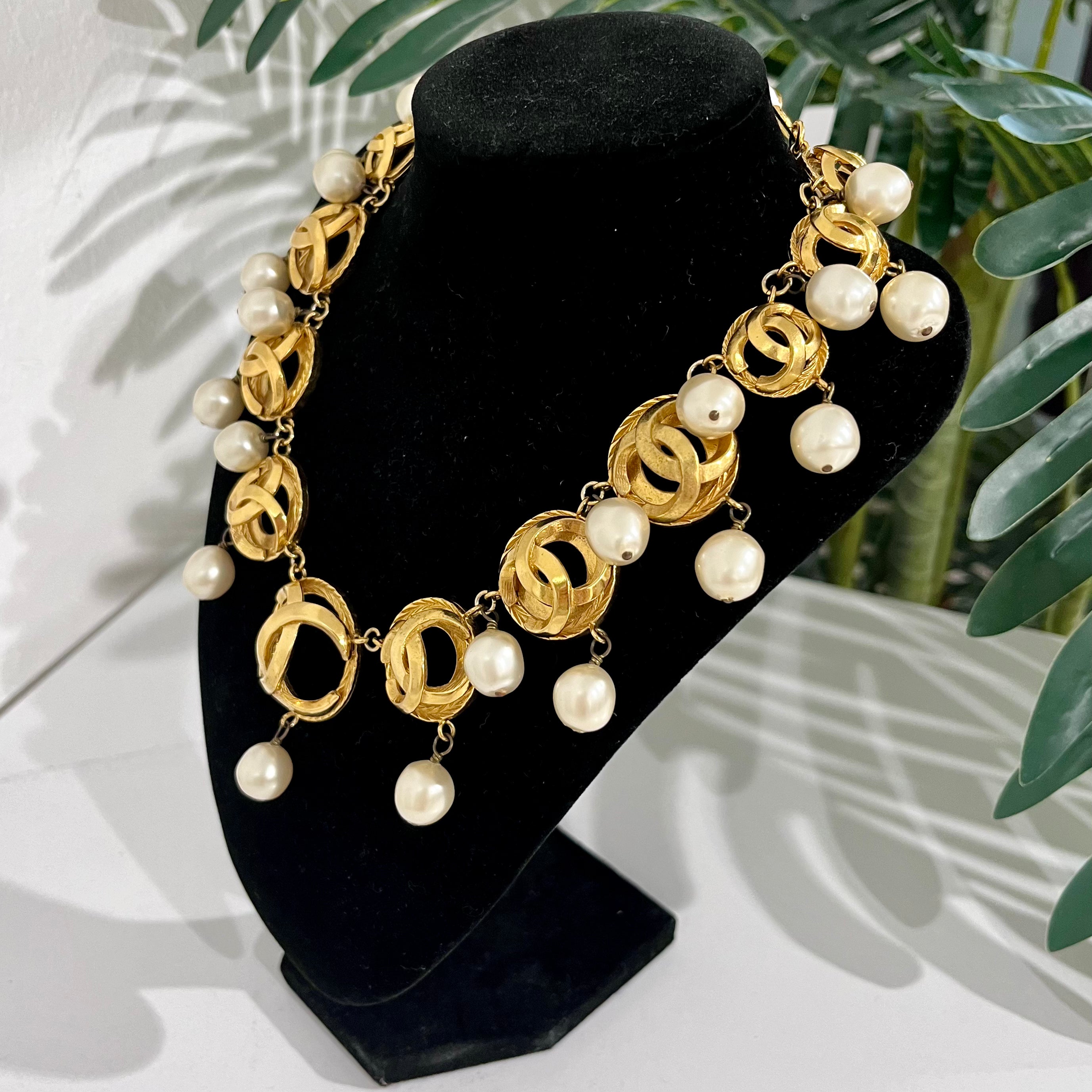 Chanel Vintage Gold Plated Dome CC Link Collar Necklace with Pearl Drops