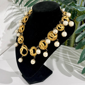 Chanel Vintage Gold Plated Dome CC Link Collar Necklace with Pearl Drops